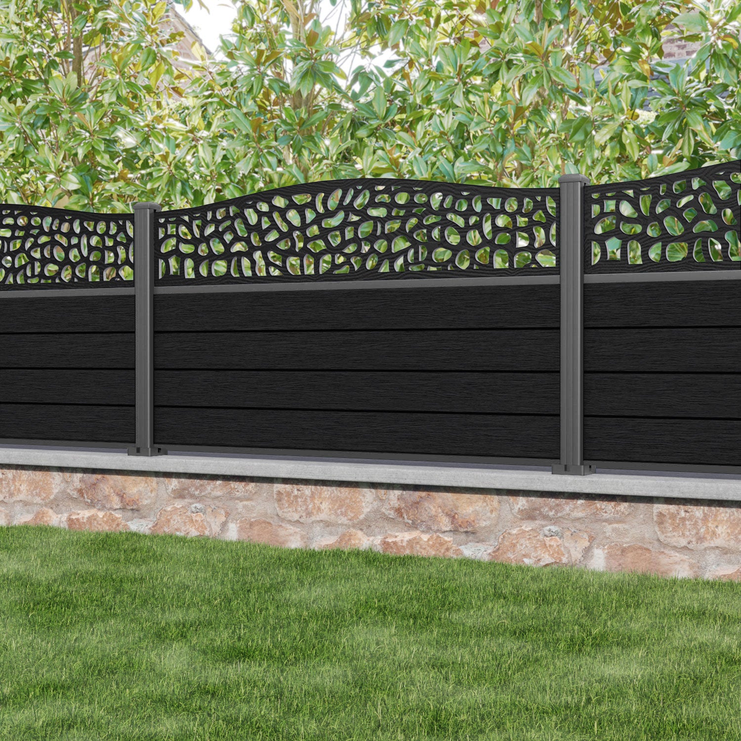 Fusion Pebble Curved Top Fence Panel - Black - with our aluminium posts