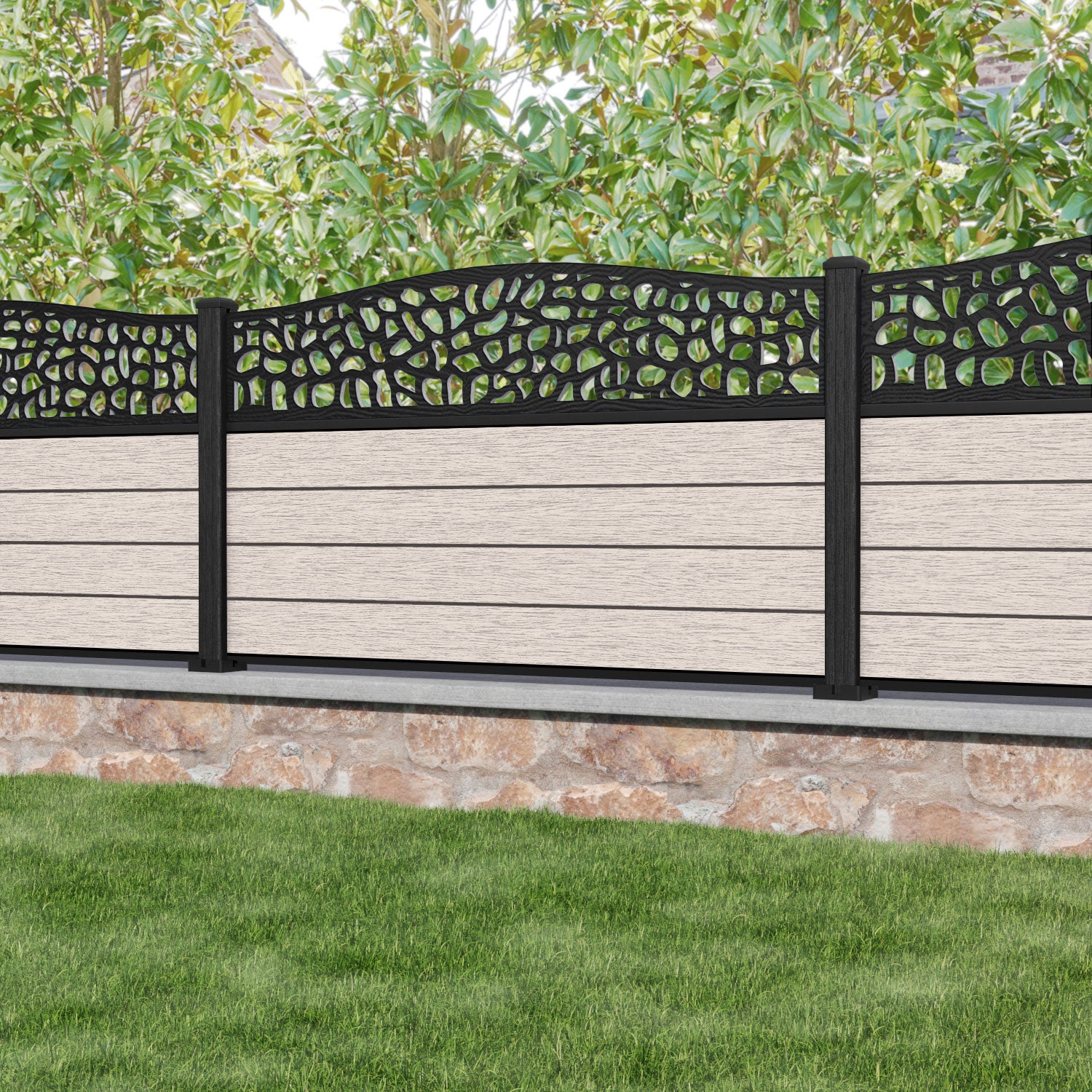 Fusion Pebble Curved Top Fence Panel - Mid Stone - with our composite posts