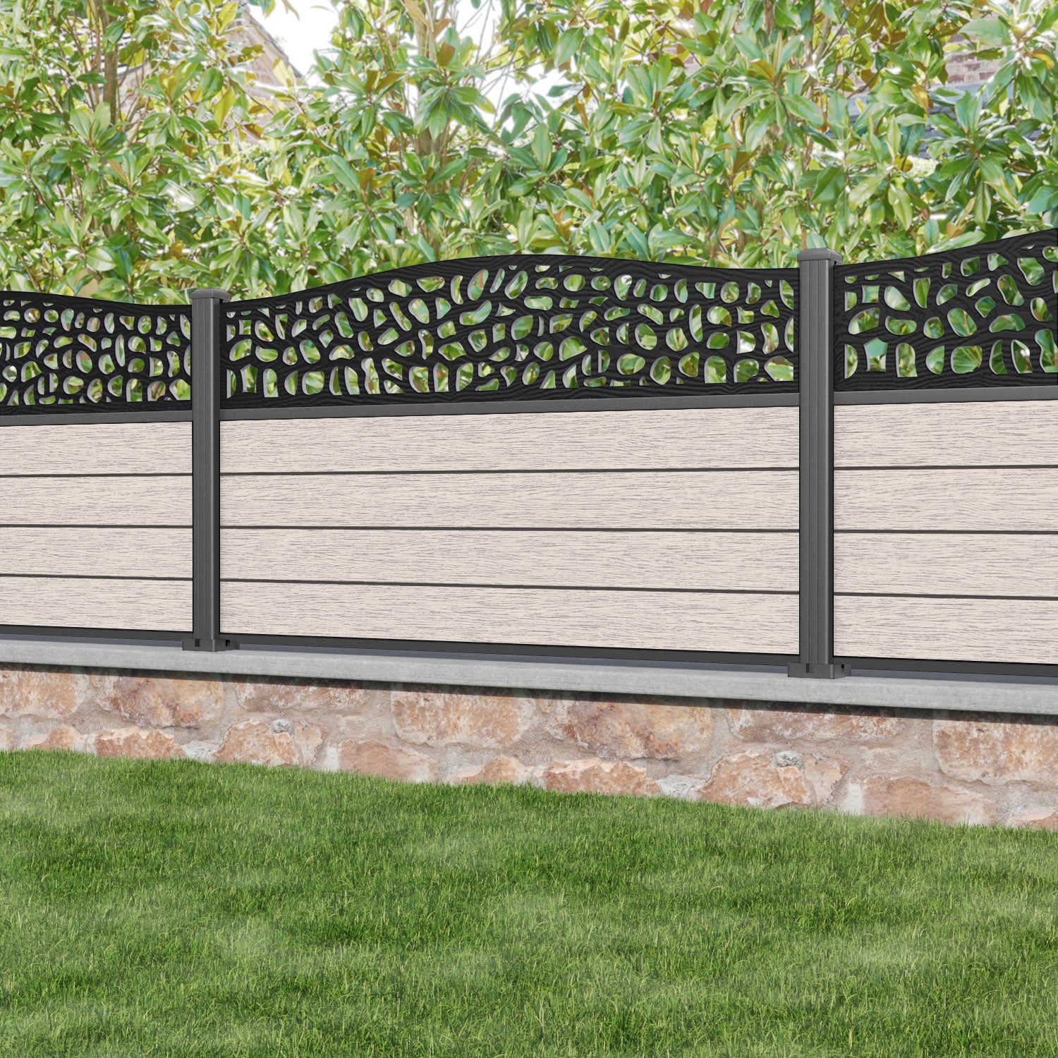 Fusion Pebble Curved Top Fence Panel - Mid Stone - with our aluminium posts