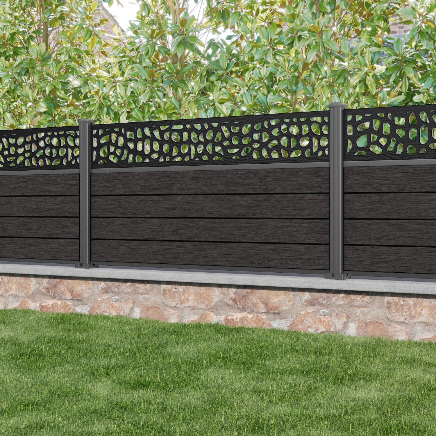 Fusion Pebble Fence Panel - Dark Oak - with our aluminium posts