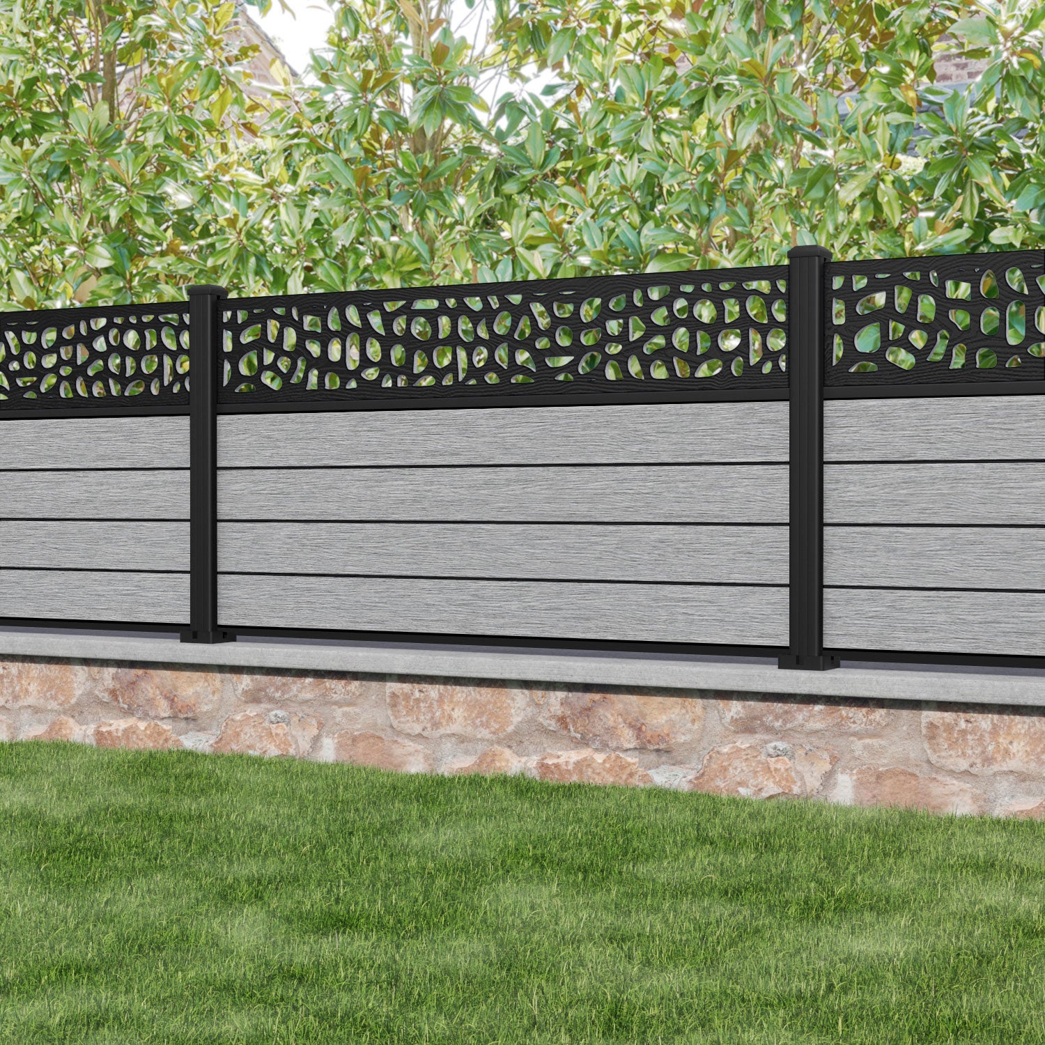 Fusion Pebble Fence Panel - Light Grey - with our aluminium posts