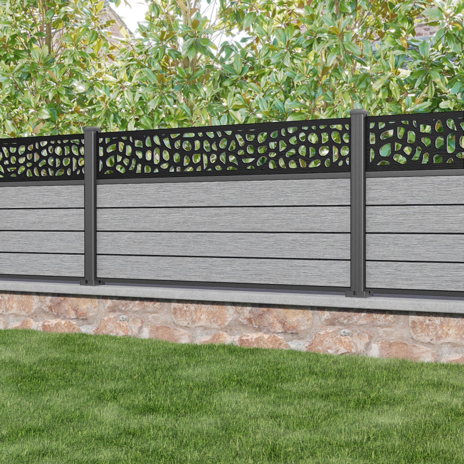 Fusion Pebble Fence Panel - Light Grey - with our aluminium posts