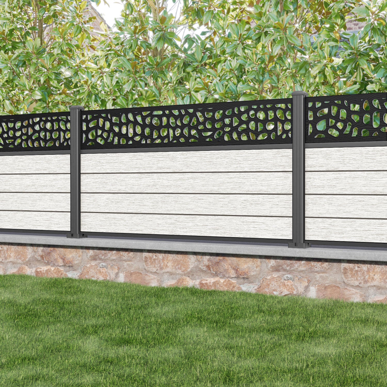 Fusion Pebble Fence Panel - Light Stone - with our aluminium posts