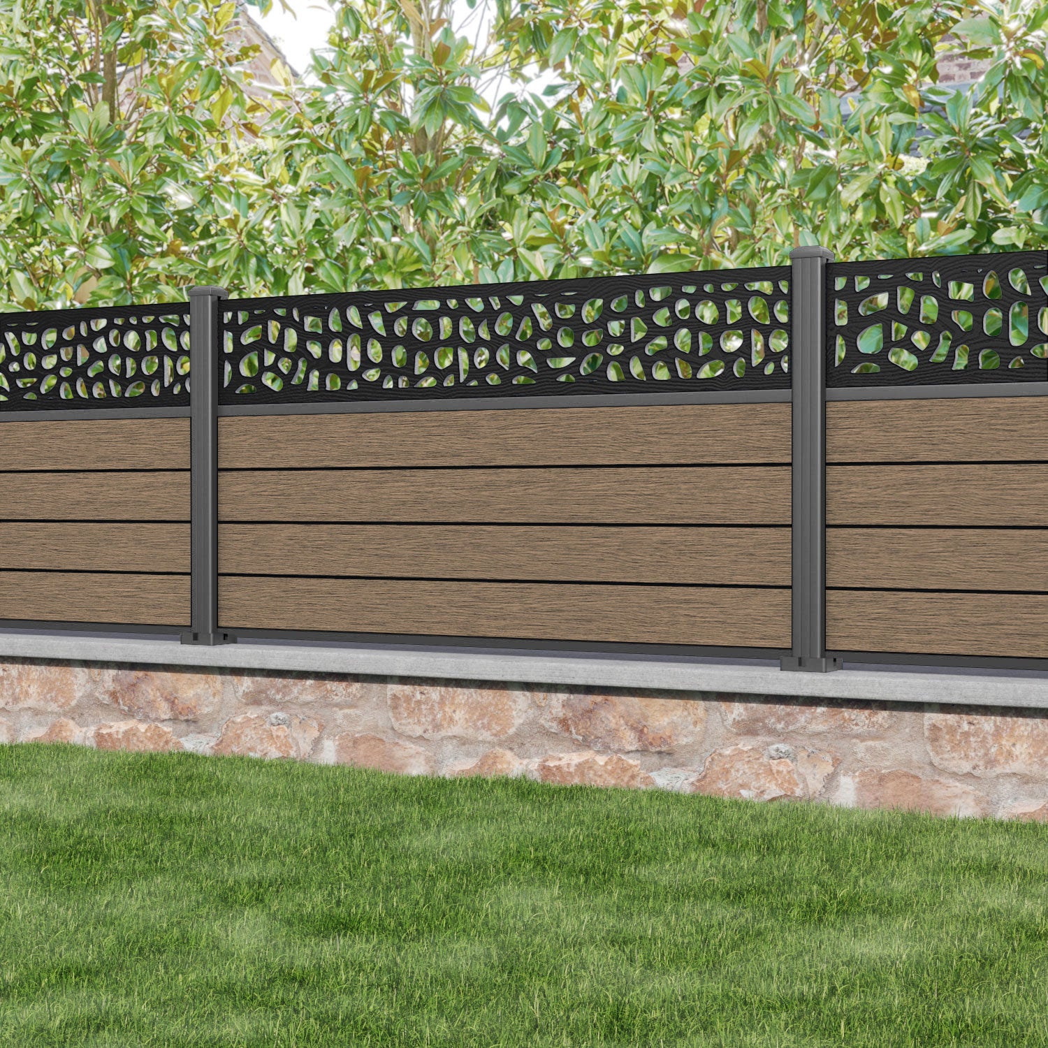 Fusion Pebble Fence Panel - Teak - with our aluminium posts