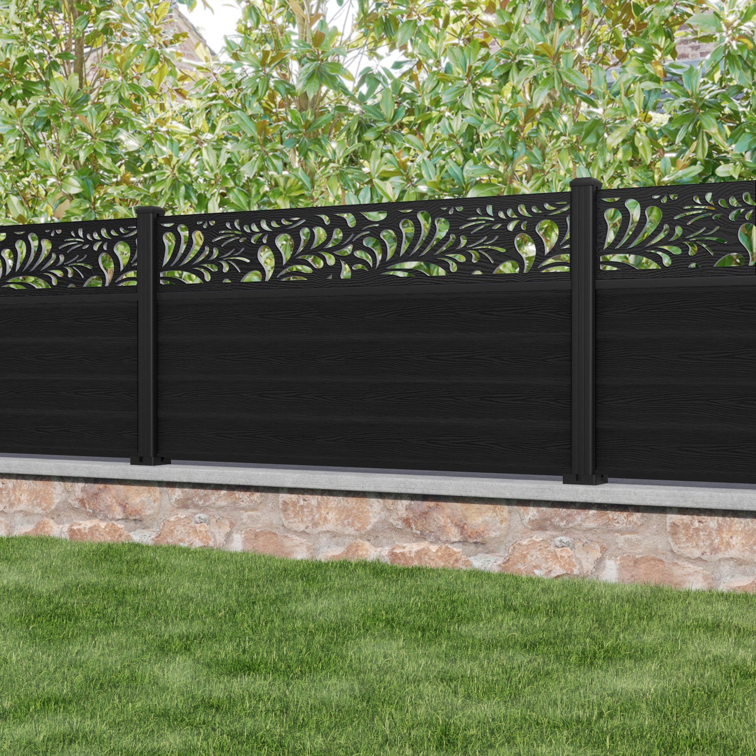 Classic Petal Fence Panel - Black - with our aluminium posts