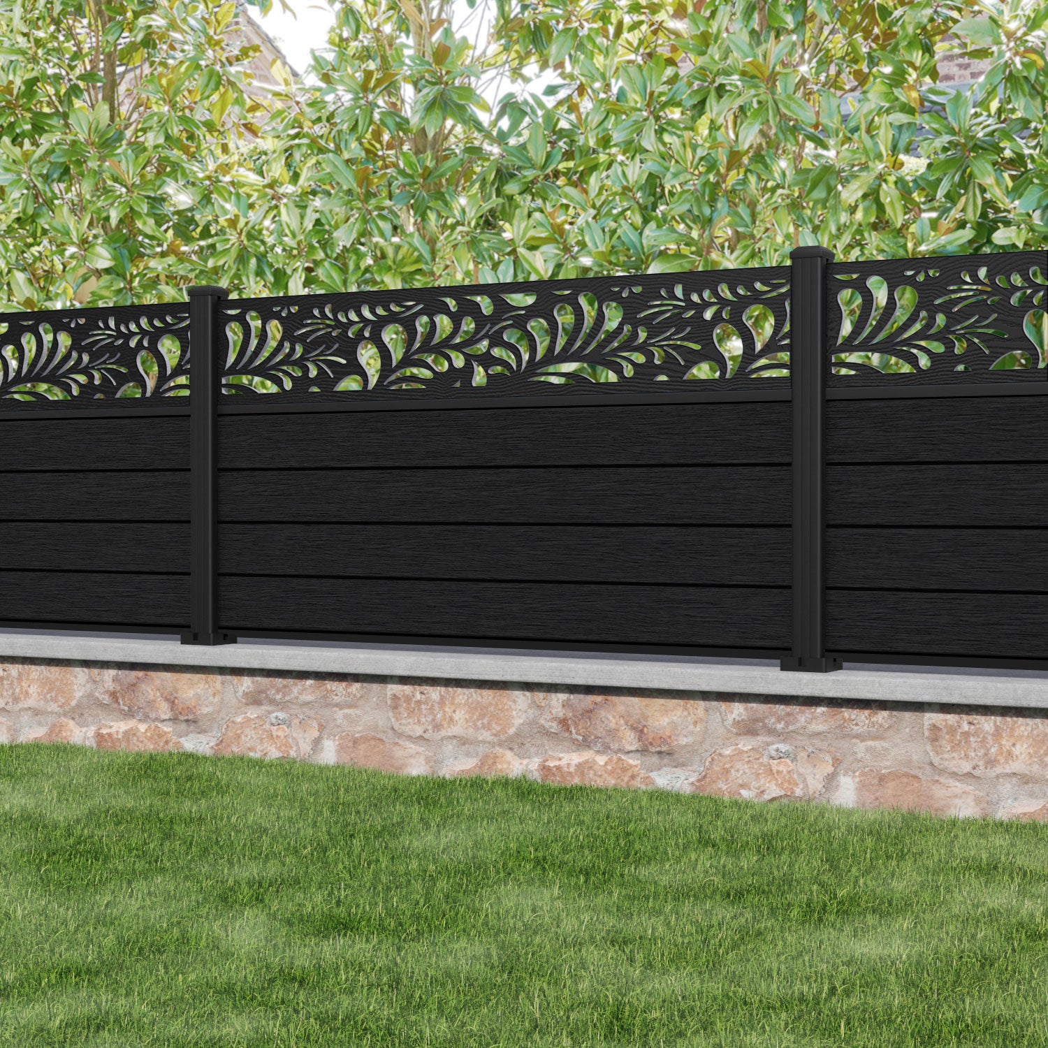 Fusion Petal Fence Panel - Black - with our aluminium posts