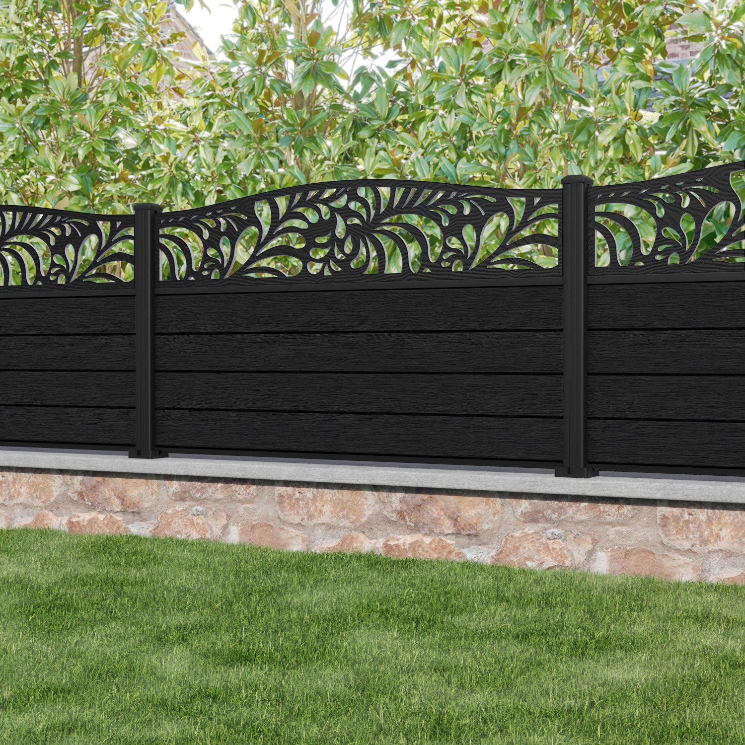 Fusion Petal Curved Top Fence Panel - Black - with our aluminium posts