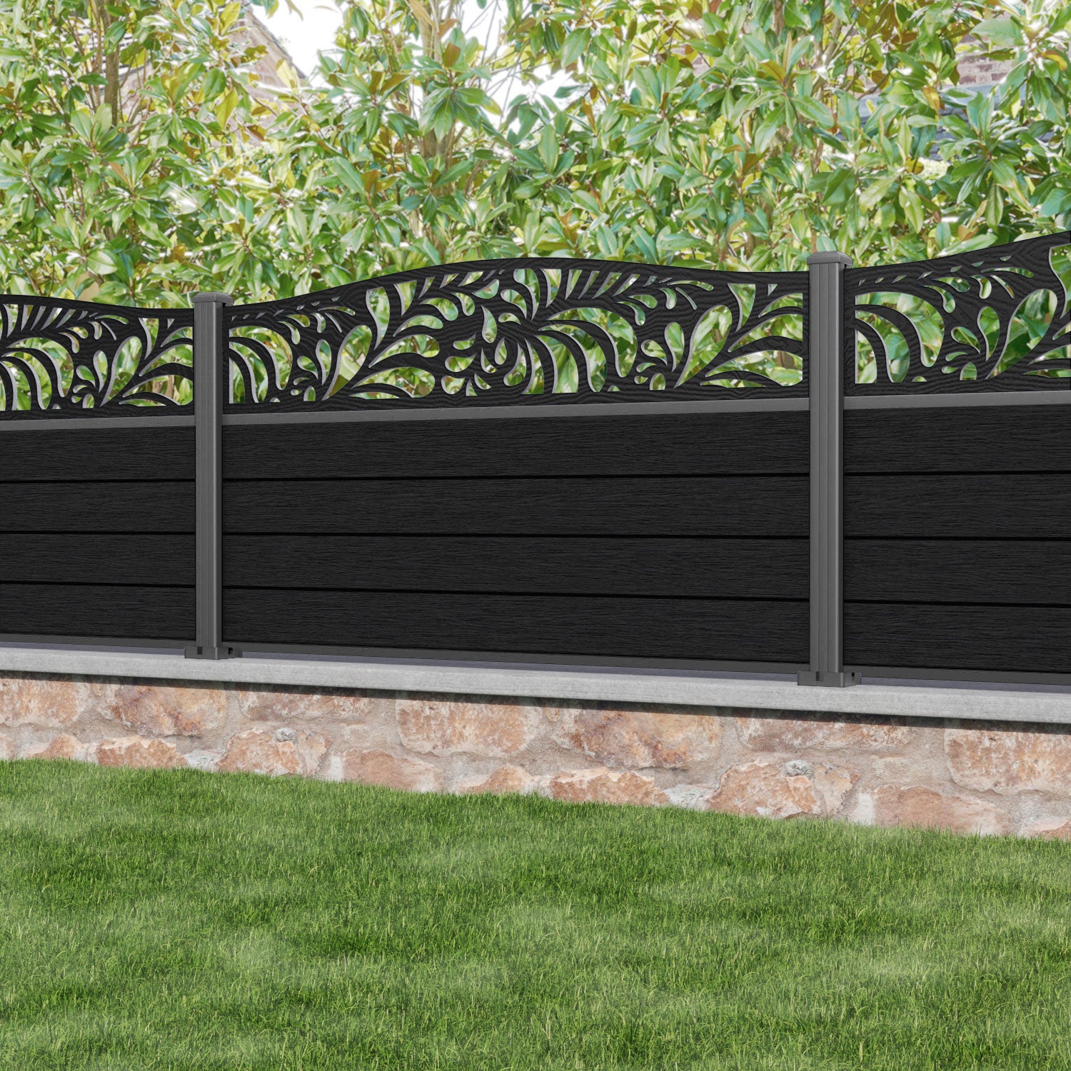 Fusion Petal Curved Top Fence Panel - Black - with our aluminium posts