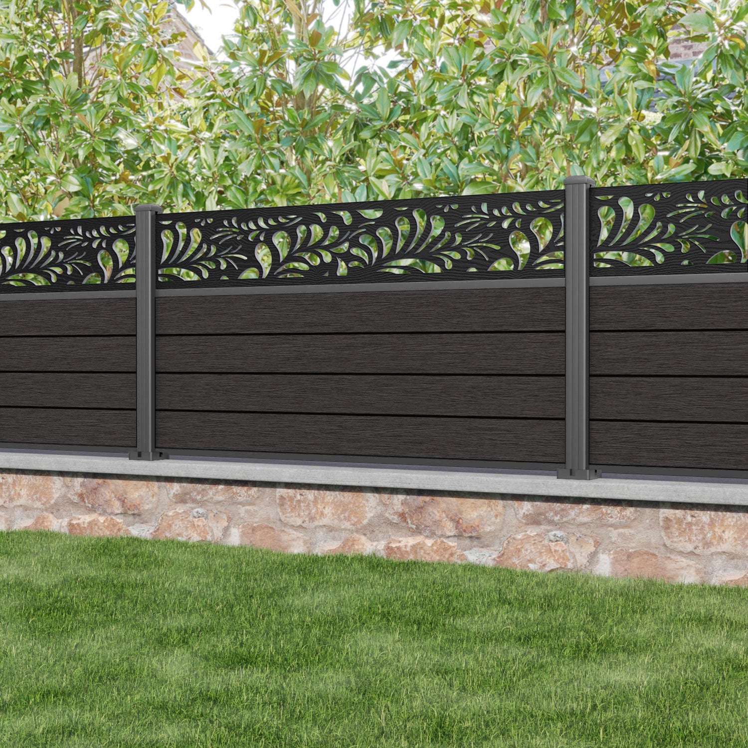 Fusion Petal Fence Panel - Dark Oak - with our aluminium posts