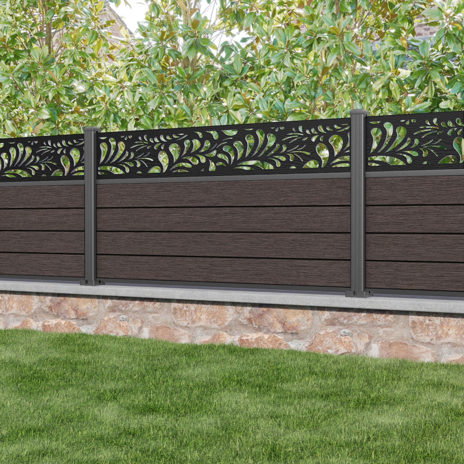 Fusion Petal Fence Panel - Mid Brown - with our aluminium posts