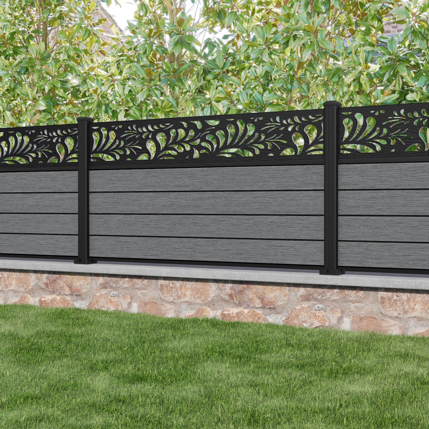 Fusion Petal Fence Panel - Mid Grey - with our aluminium posts