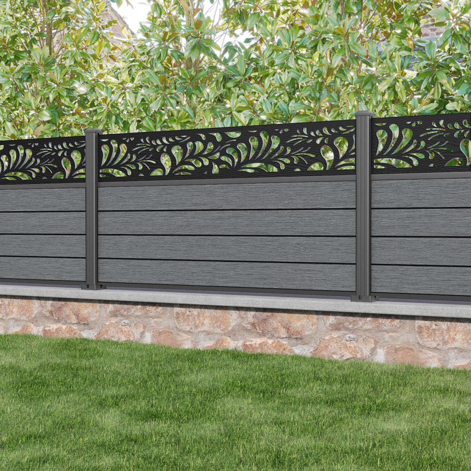 Fusion Petal Fence Panel - Mid Grey - with our aluminium posts