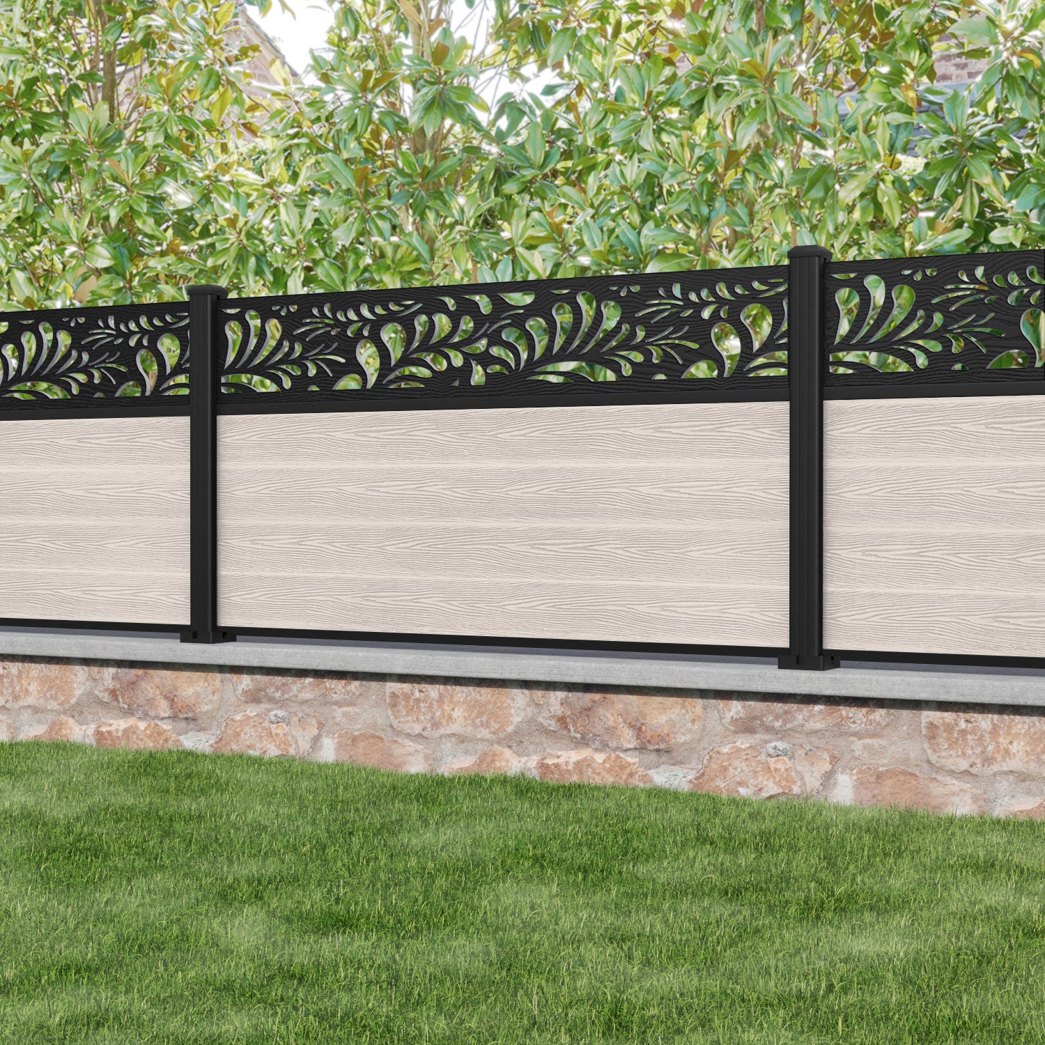 Classic Petal Fence Panel - Mid Stone - with our aluminium posts