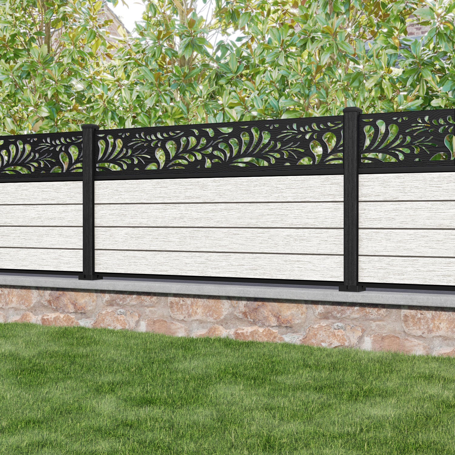 Fusion Petal Fence Panel - Light Stone - with our composite posts