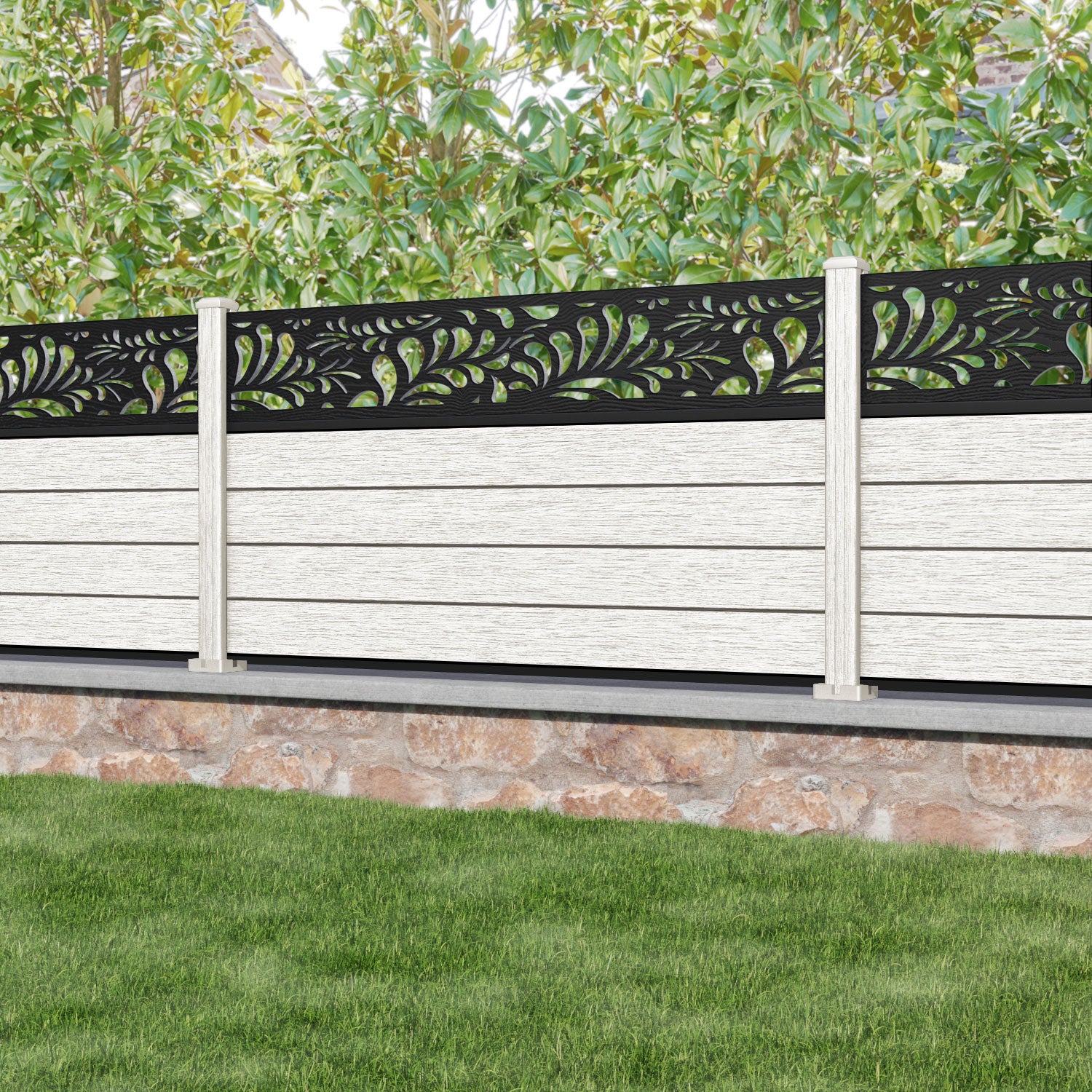 Fusion Petal Fence Panel - Light Stone - with our composite posts