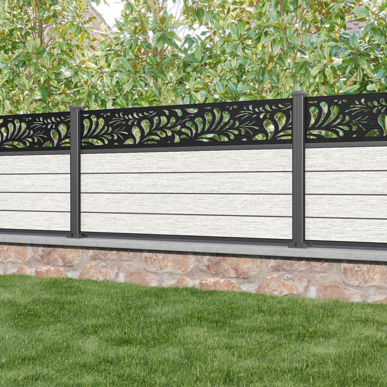 Fusion Petal Fence Panel - Light Stone - with our aluminium posts