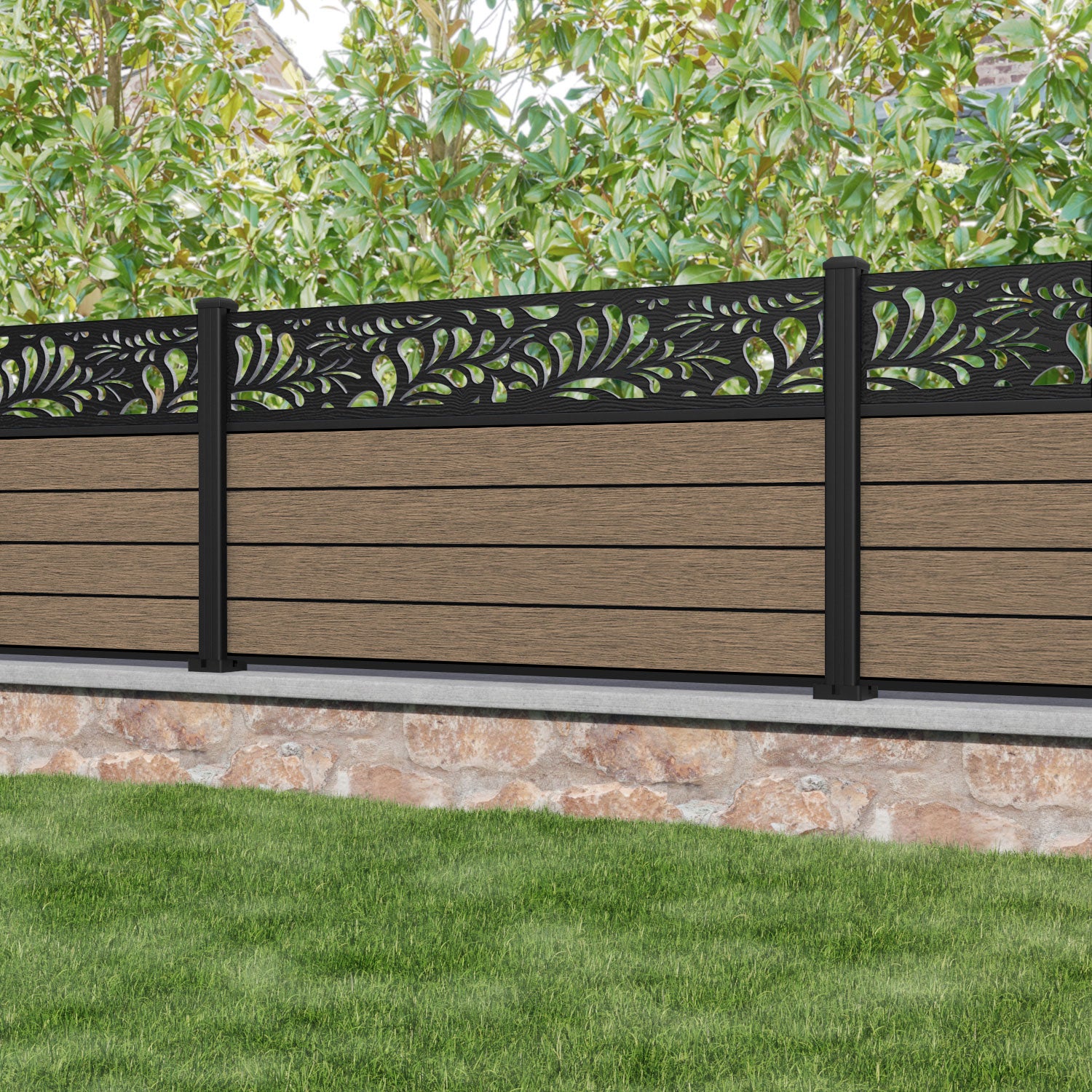 Fusion Petal Fence Panel - Teak - with our aluminium posts