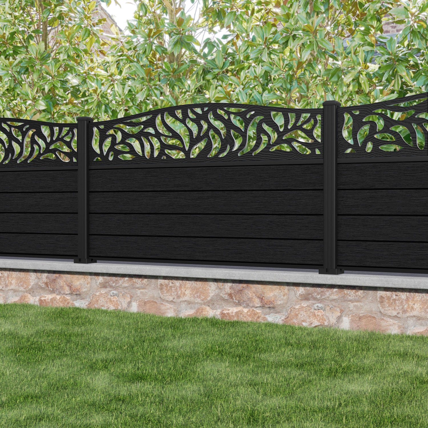 Fusion Plume Curved Top Fence Panel - Black - with our aluminium posts