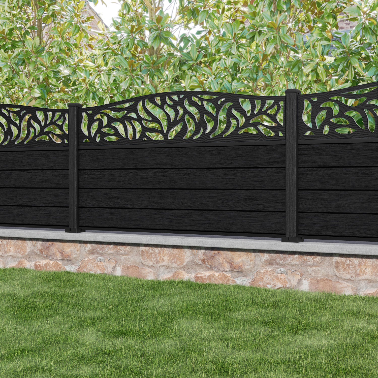 Fusion Plume Curved Top Fence Panel - Black - with our composite posts