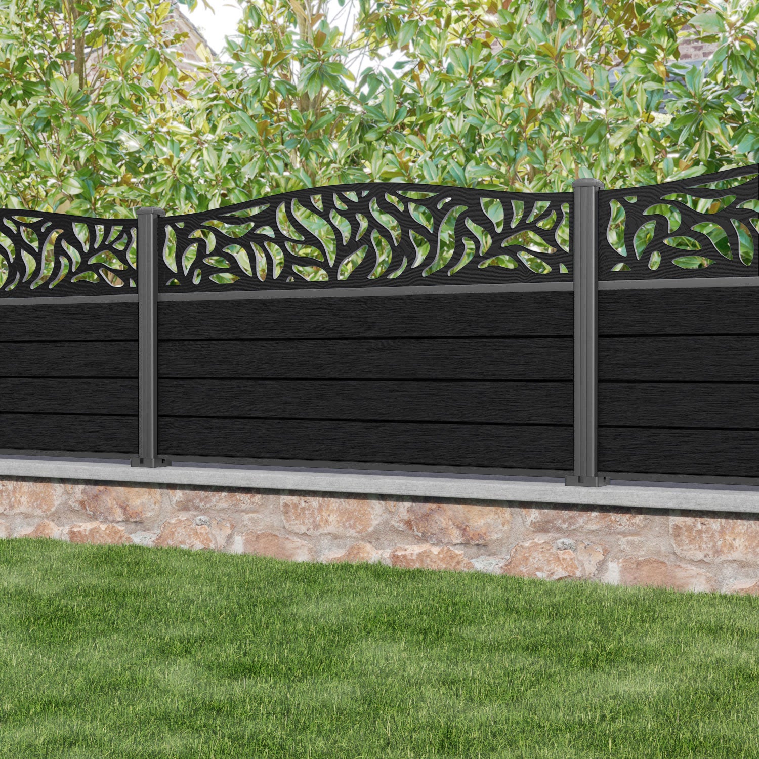 Fusion Plume Curved Top Fence Panel - Black - with our aluminium posts