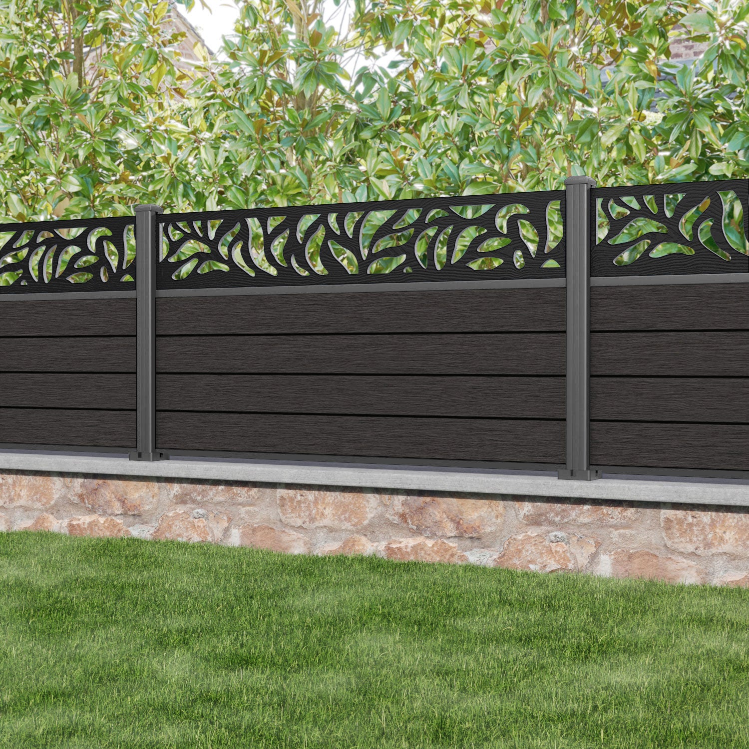 Fusion Plume Fence Panel - Dark Oak - with our aluminium posts