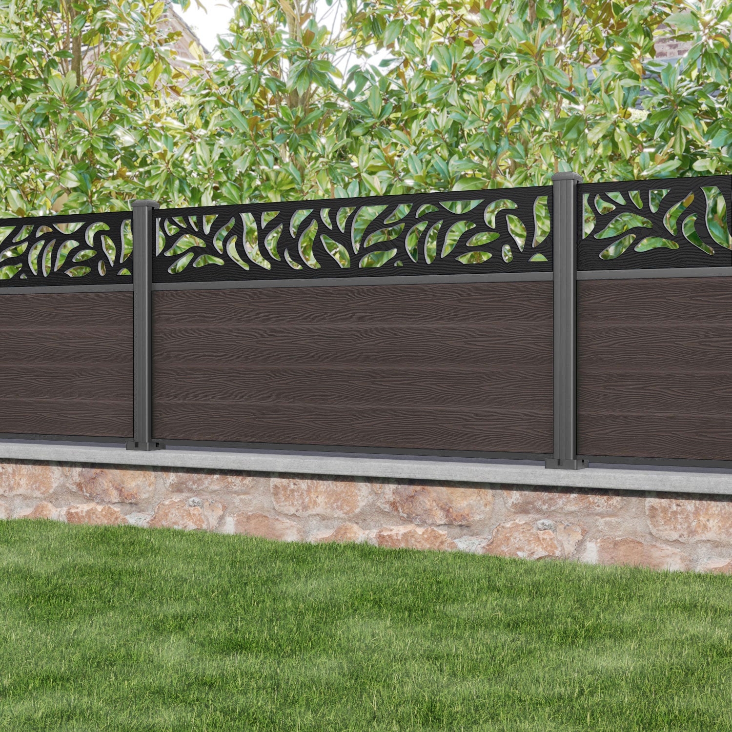 Classic Plume Fence Panel - Mid Brown - with our aluminium posts