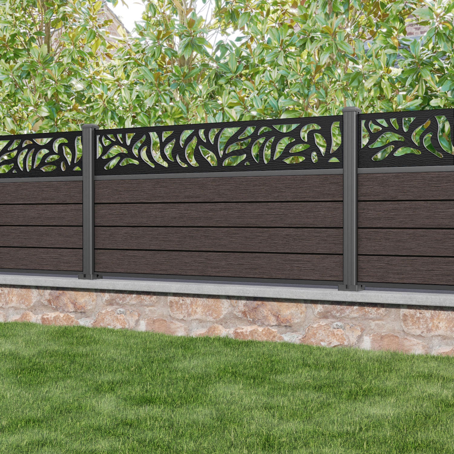 Fusion Plume Fence Panel - Mid Brown - with our aluminium posts