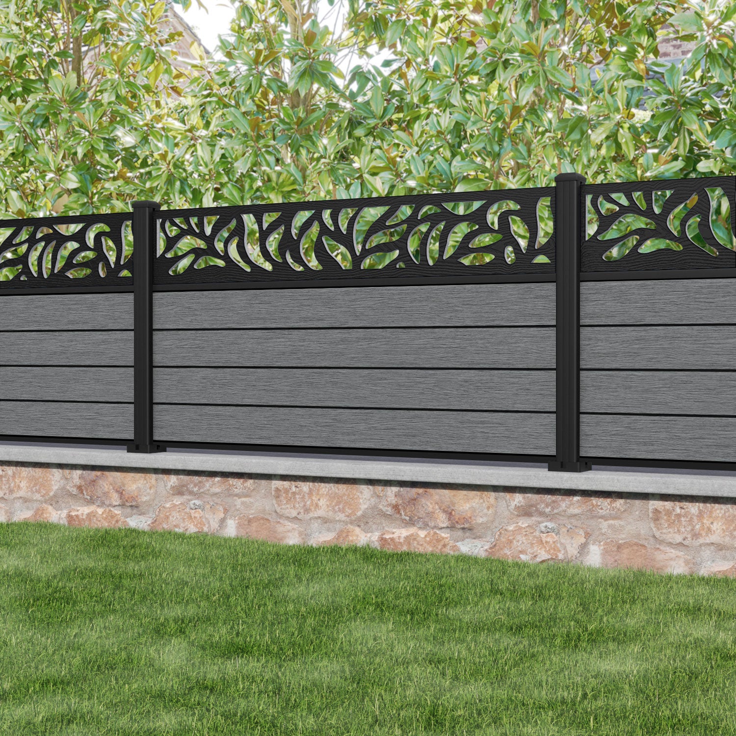 Fusion Plume Fence Panel - Mid Grey - with our aluminium posts