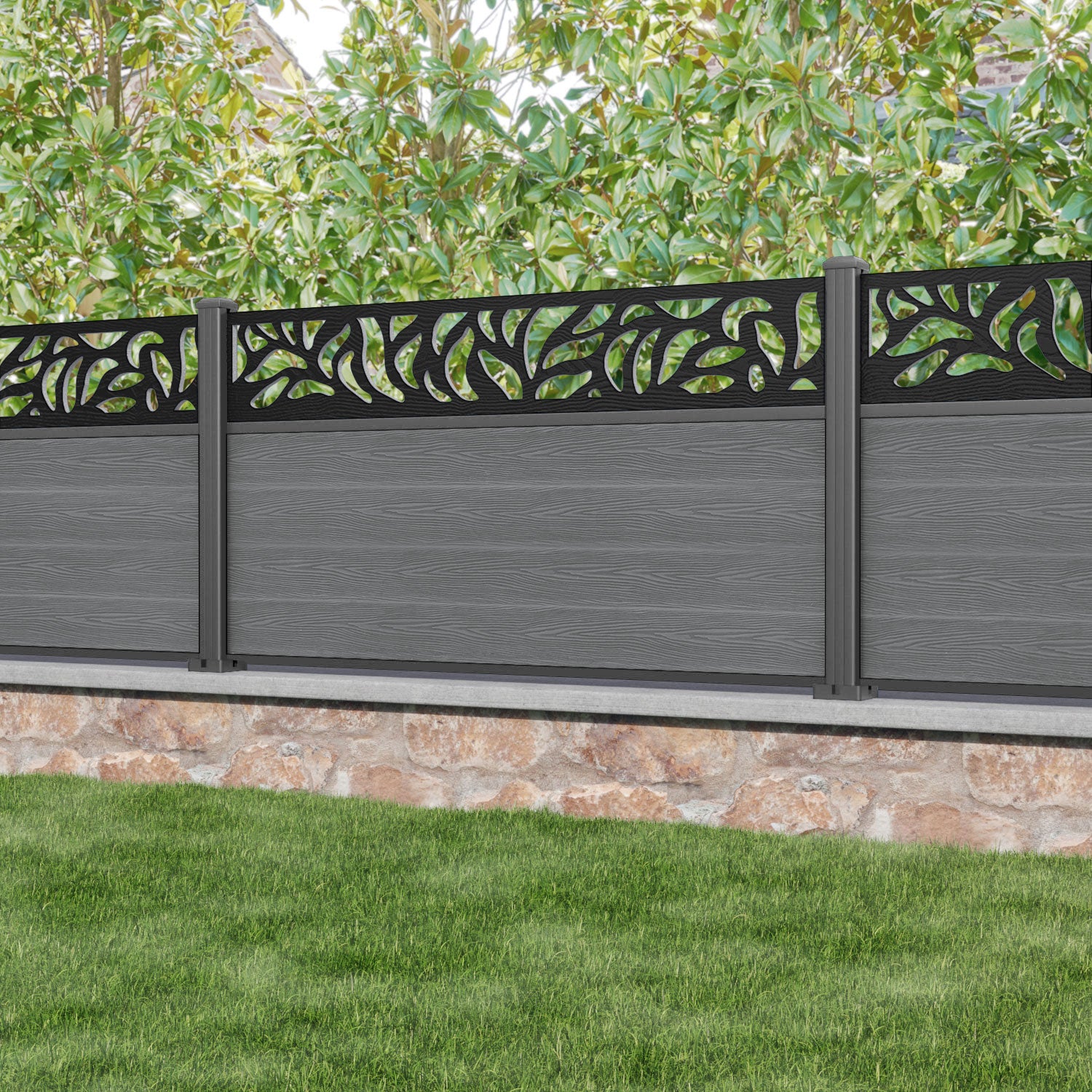 Classic Plume Fence Panel - Mid Grey - with our aluminium posts
