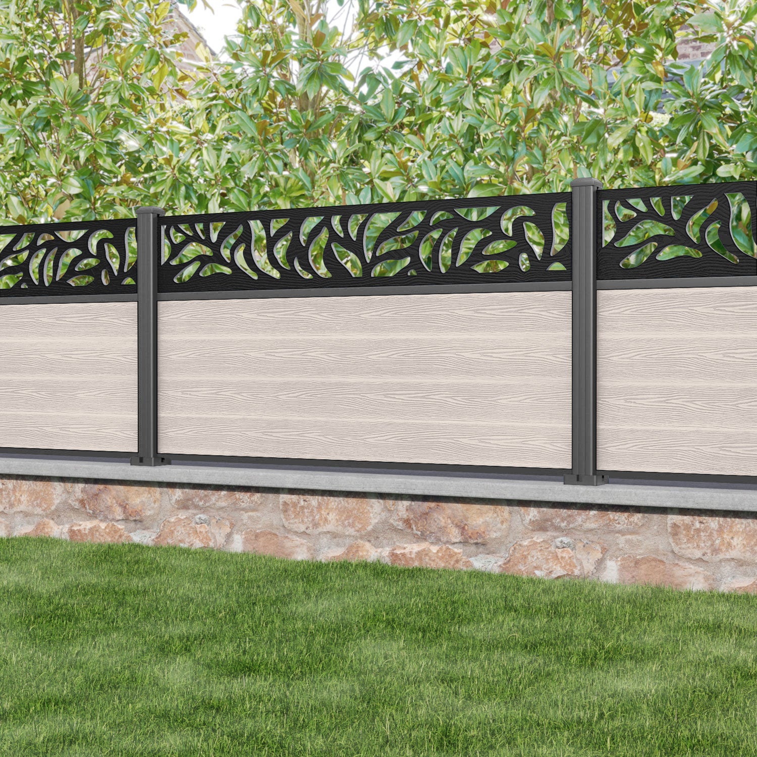 Classic Plume Fence Panel - Mid Stone - with our aluminium posts