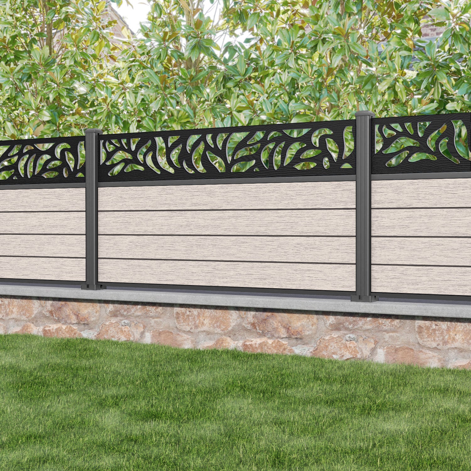 Fusion Plume Fence Panel - Mid Stone - with our aluminium posts