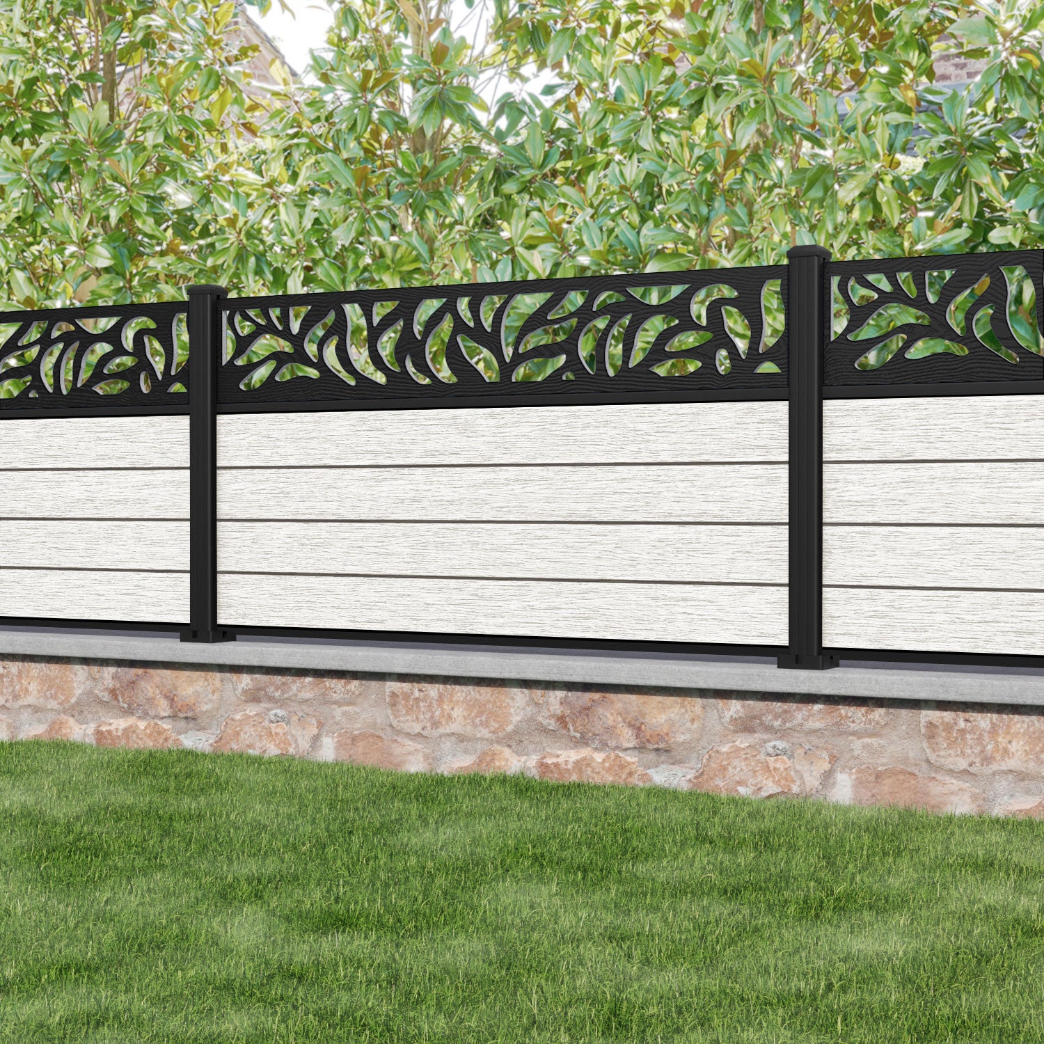 Fusion Plume Fence Panel - Light Stone - with our aluminium posts