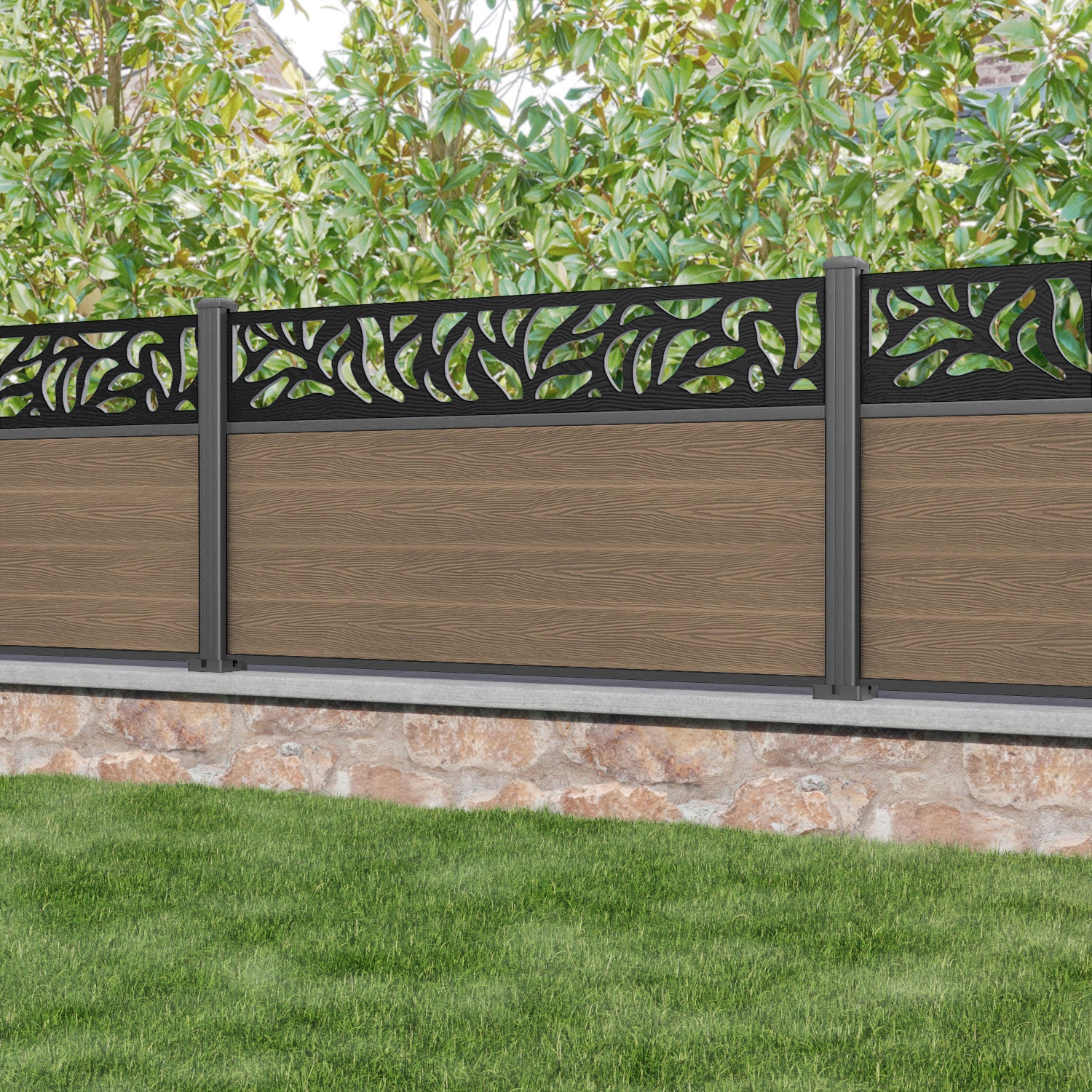 Classic Plume Fence Panel - Teak - with our aluminium posts