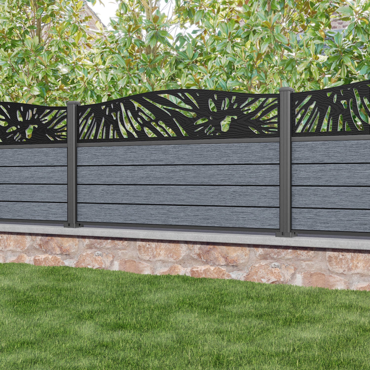 Fusion Poppy Curved Top Fence Panel - Anthracite - with our aluminium posts