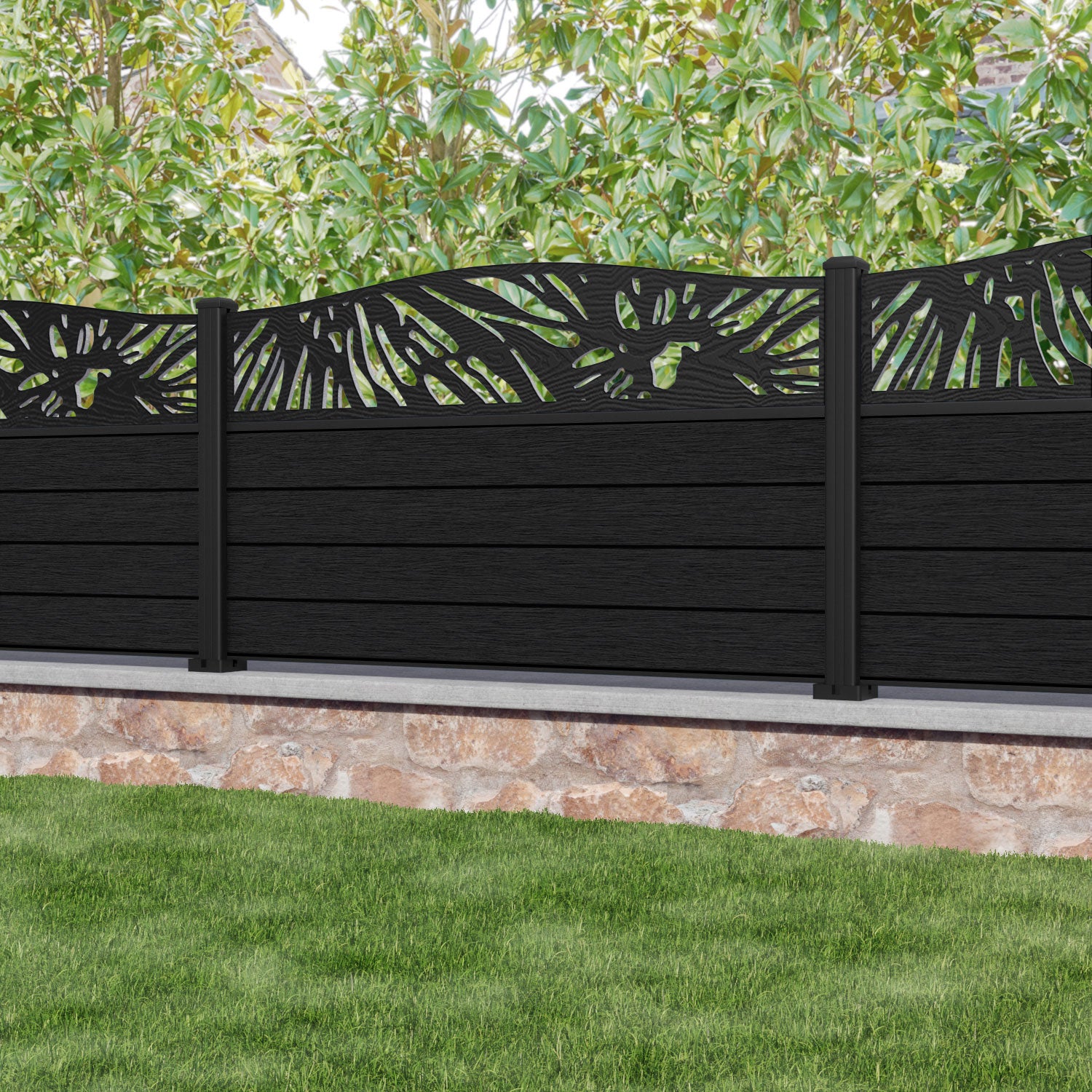 Fusion Poppy Curved Top Fence Panel - Black - with our aluminium posts