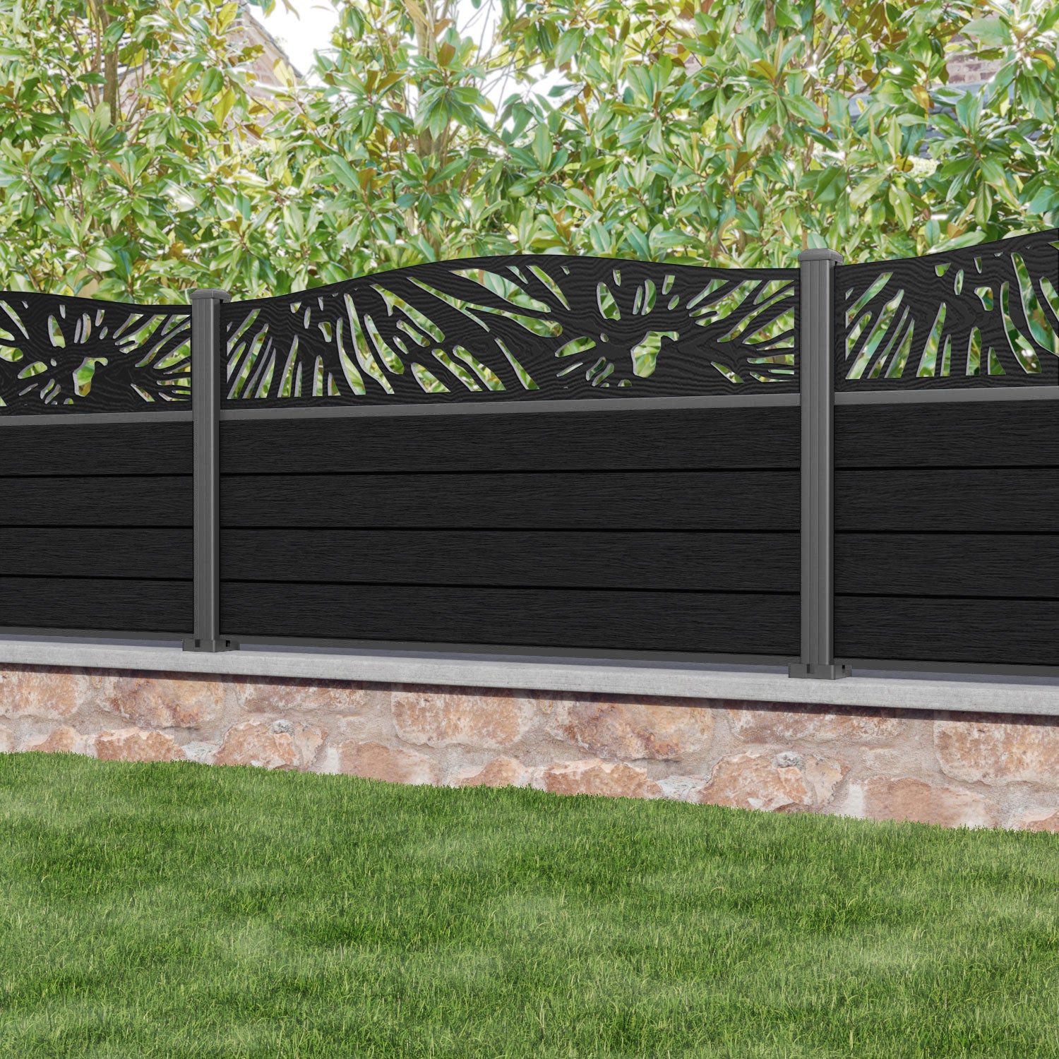 Fusion Poppy Curved Top Fence Panel - Black - with our aluminium posts