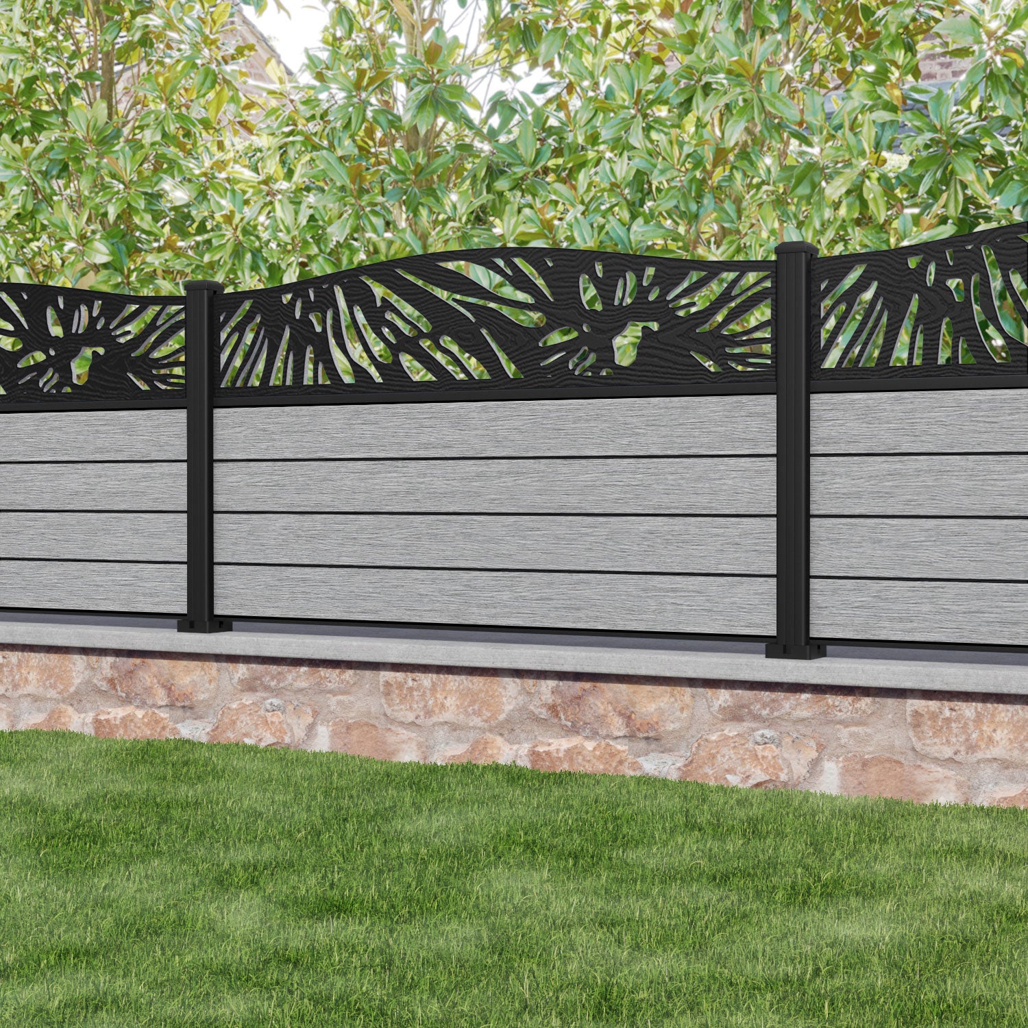 Fusion Poppy Curved Top Fence Panel - Light Grey - with our aluminium posts