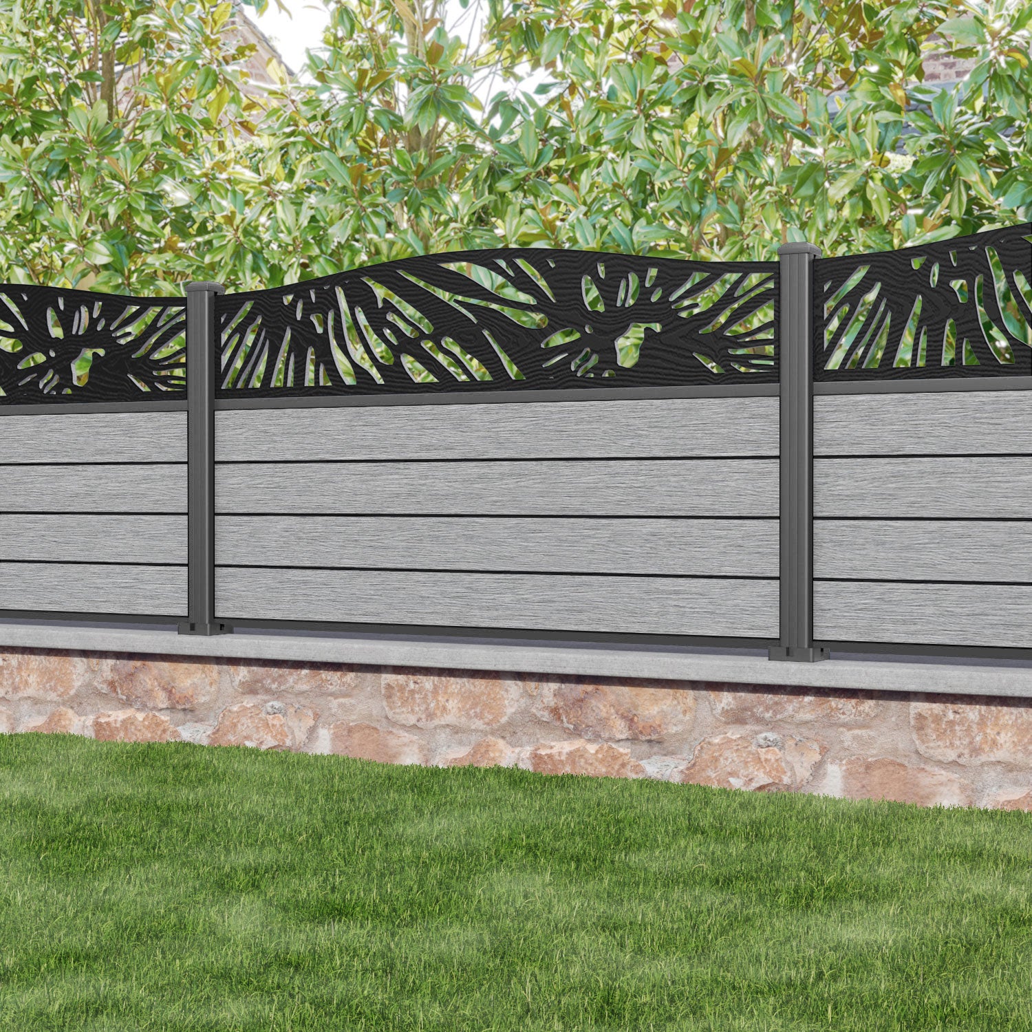 Fusion Poppy Curved Top Fence Panel - Light Grey - with our aluminium posts
