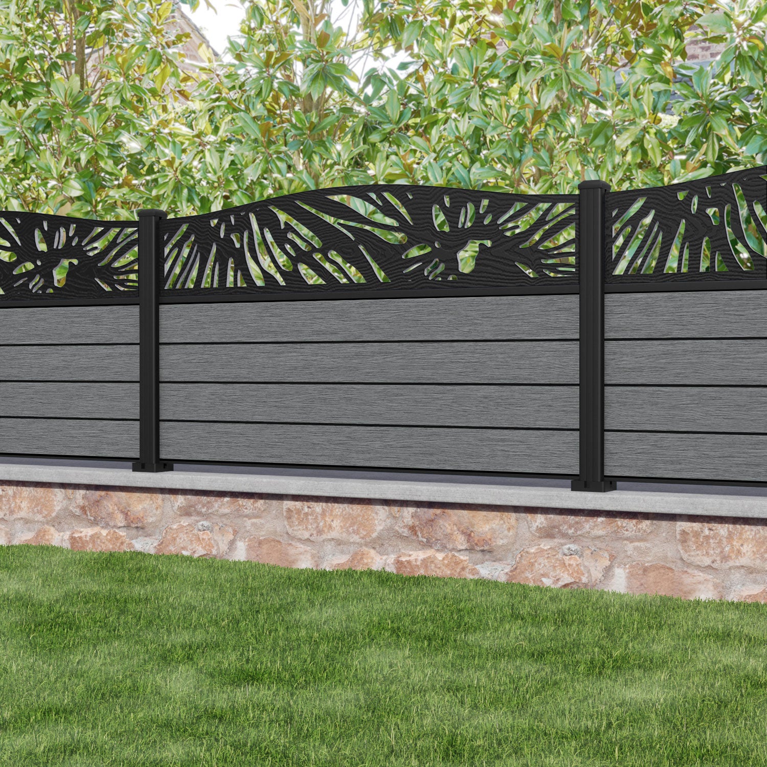 Fusion Poppy Curved Top Fence Panel - Mid Grey - with our aluminium posts