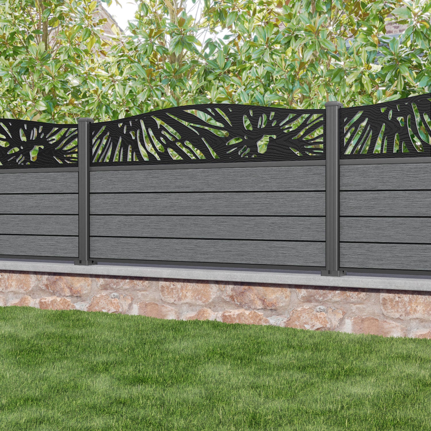 Fusion Poppy Curved Top Fence Panel - Mid Grey - with our aluminium posts