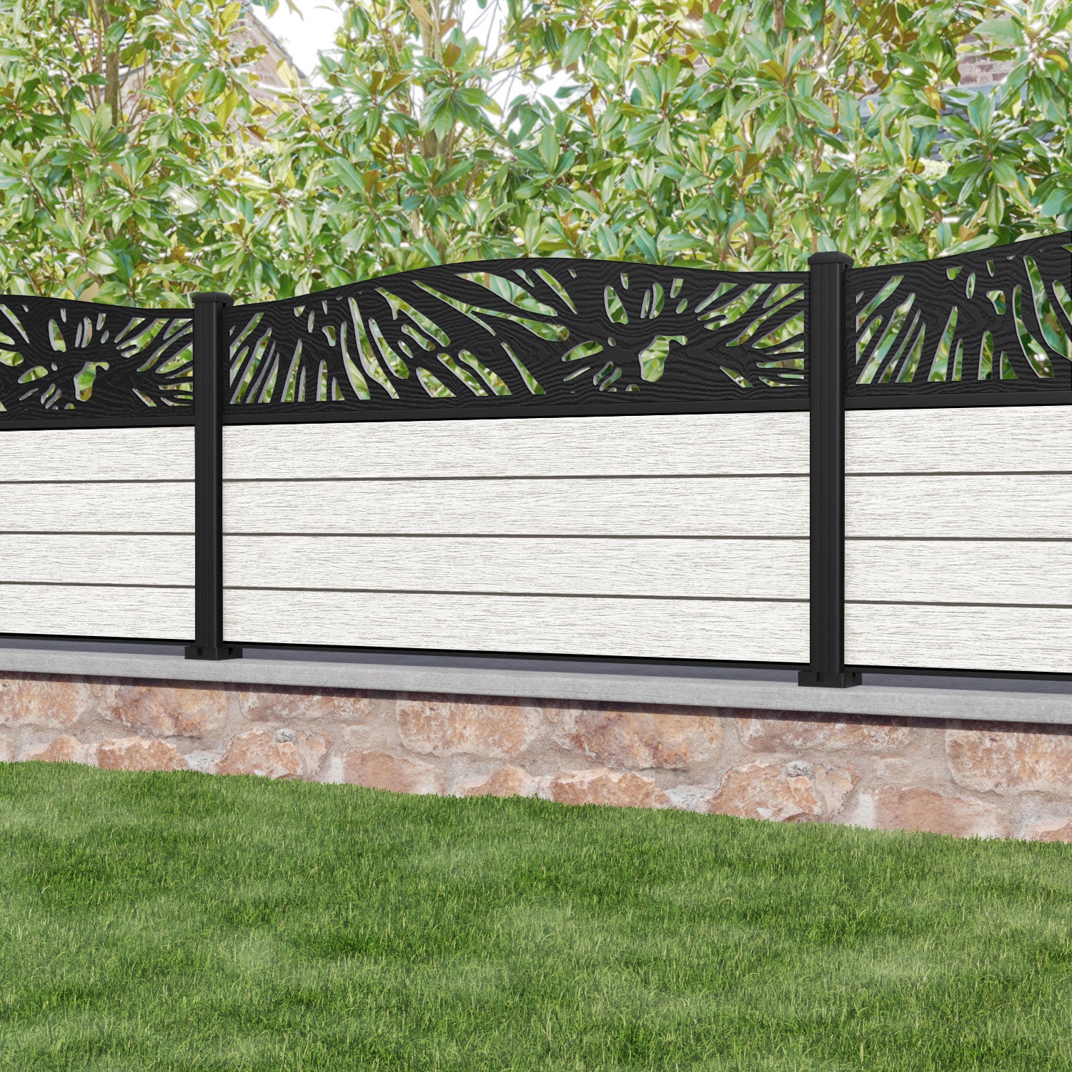 Fusion Poppy Curved Top Fence Panel - Light Stone - with our aluminium posts