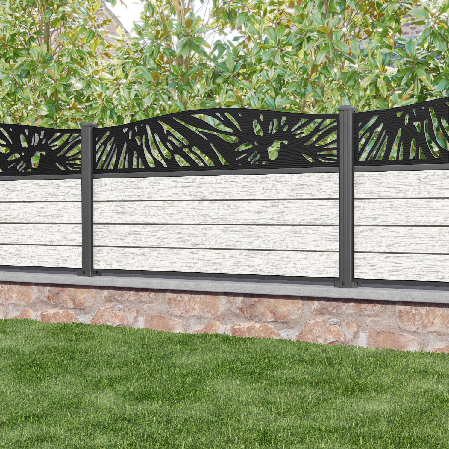 Fusion Poppy Curved Top Fence Panel - Light Stone - with our aluminium posts