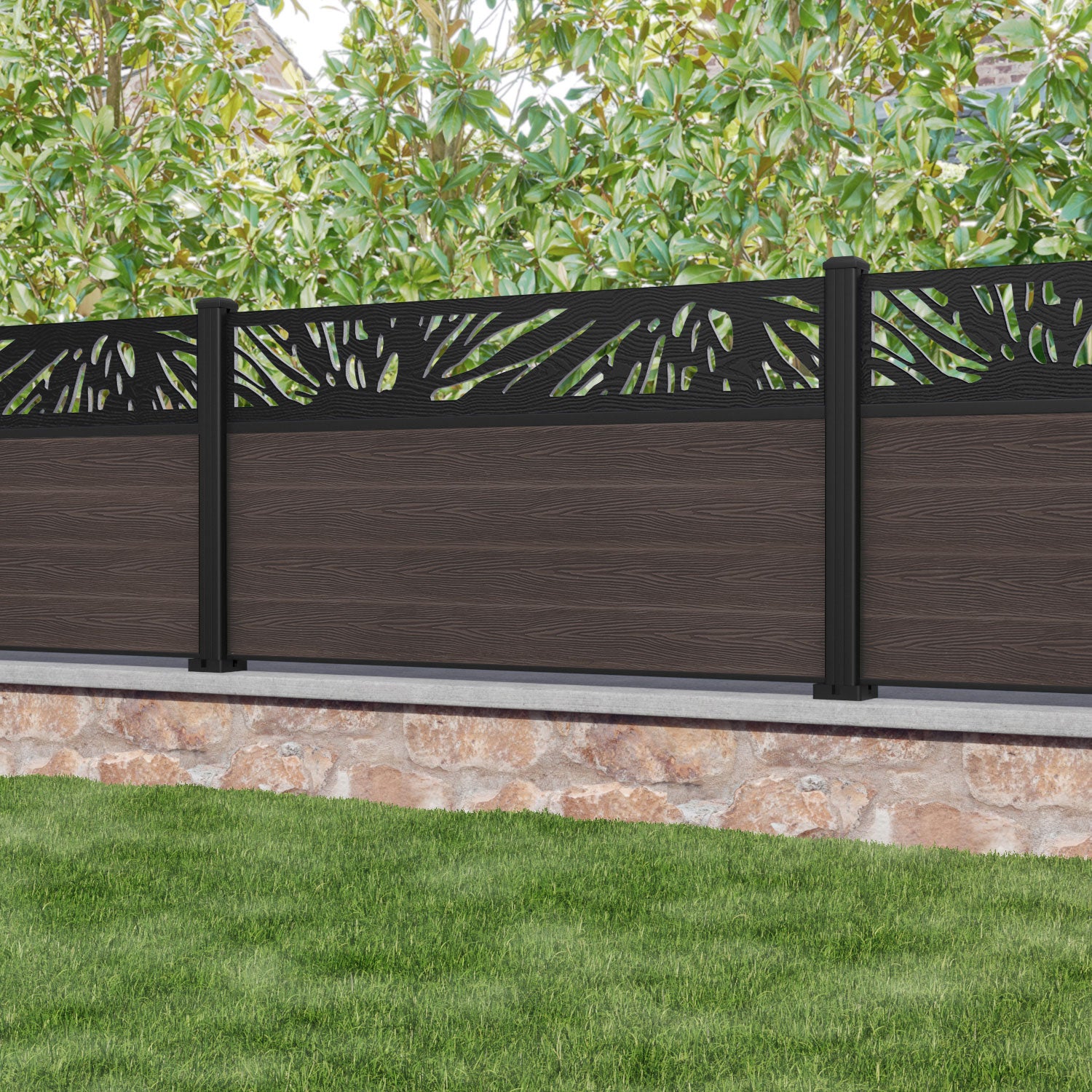 Classic Poppy Fence Panel - Mid Brown - with our aluminium posts
