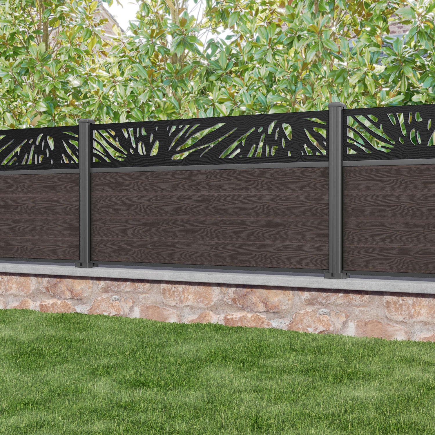 Classic Poppy Fence Panel - Mid Brown - with our aluminium posts