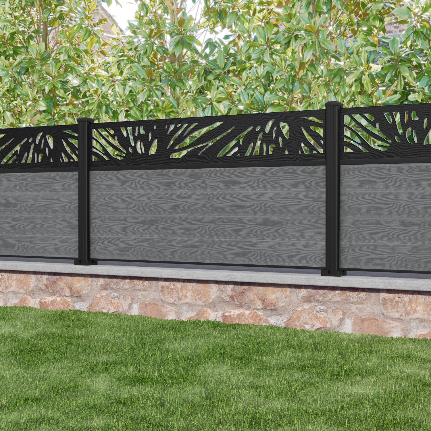 Classic Poppy Fence Panel - Mid Grey - with our aluminium posts