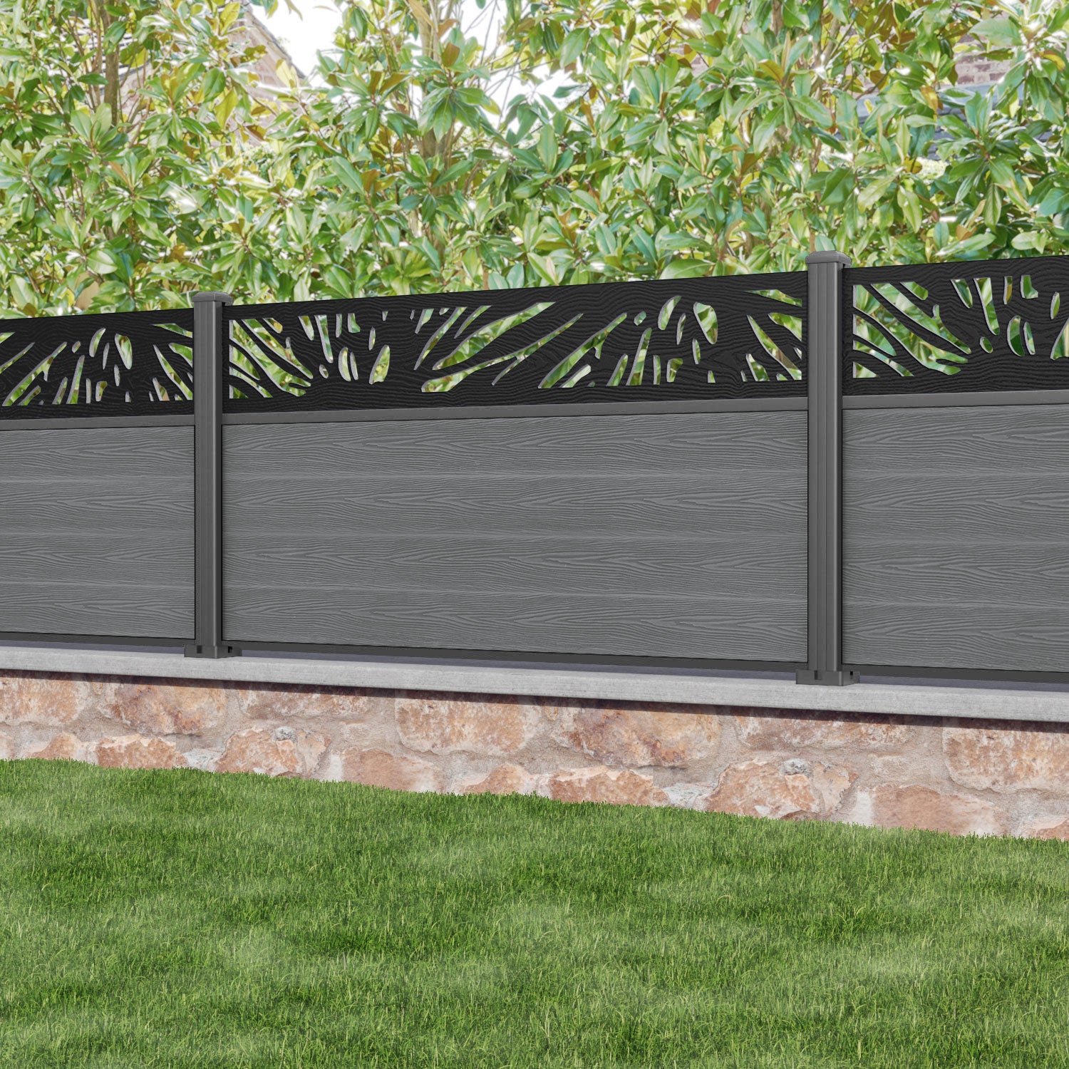 Classic Poppy Fence Panel - Mid Grey - with our aluminium posts