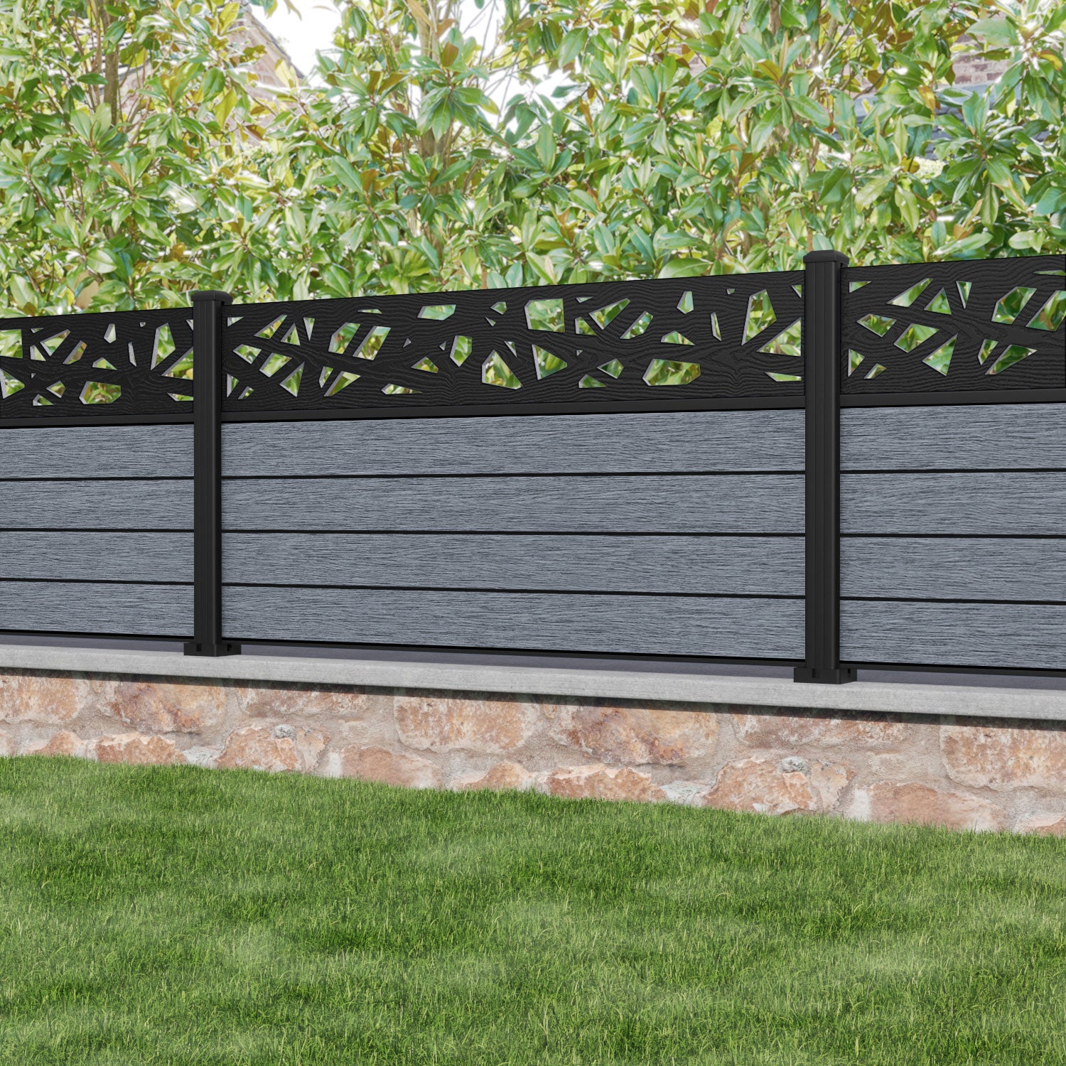 Fusion Prism Fence Panel - Anthracite - with our aluminium posts
