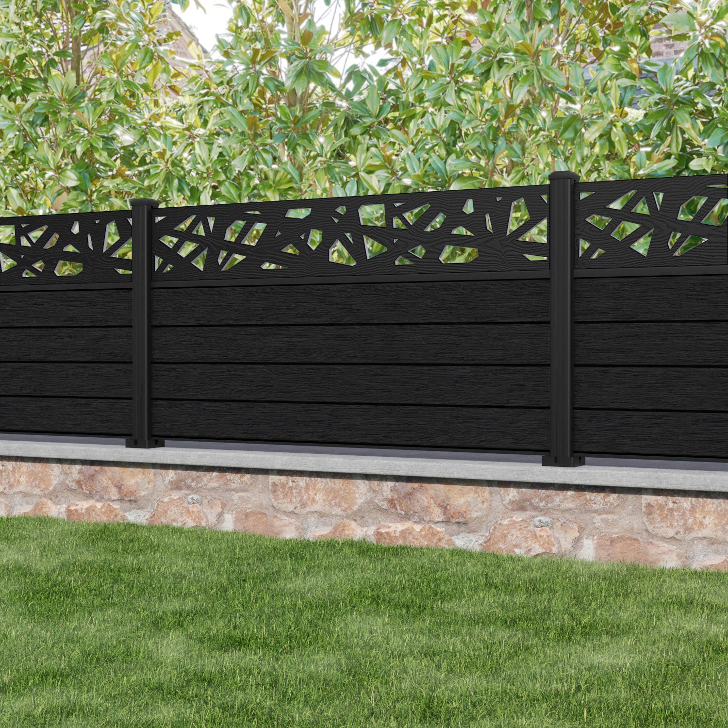 Fusion Prism Fence Panel - Black - with our aluminium posts