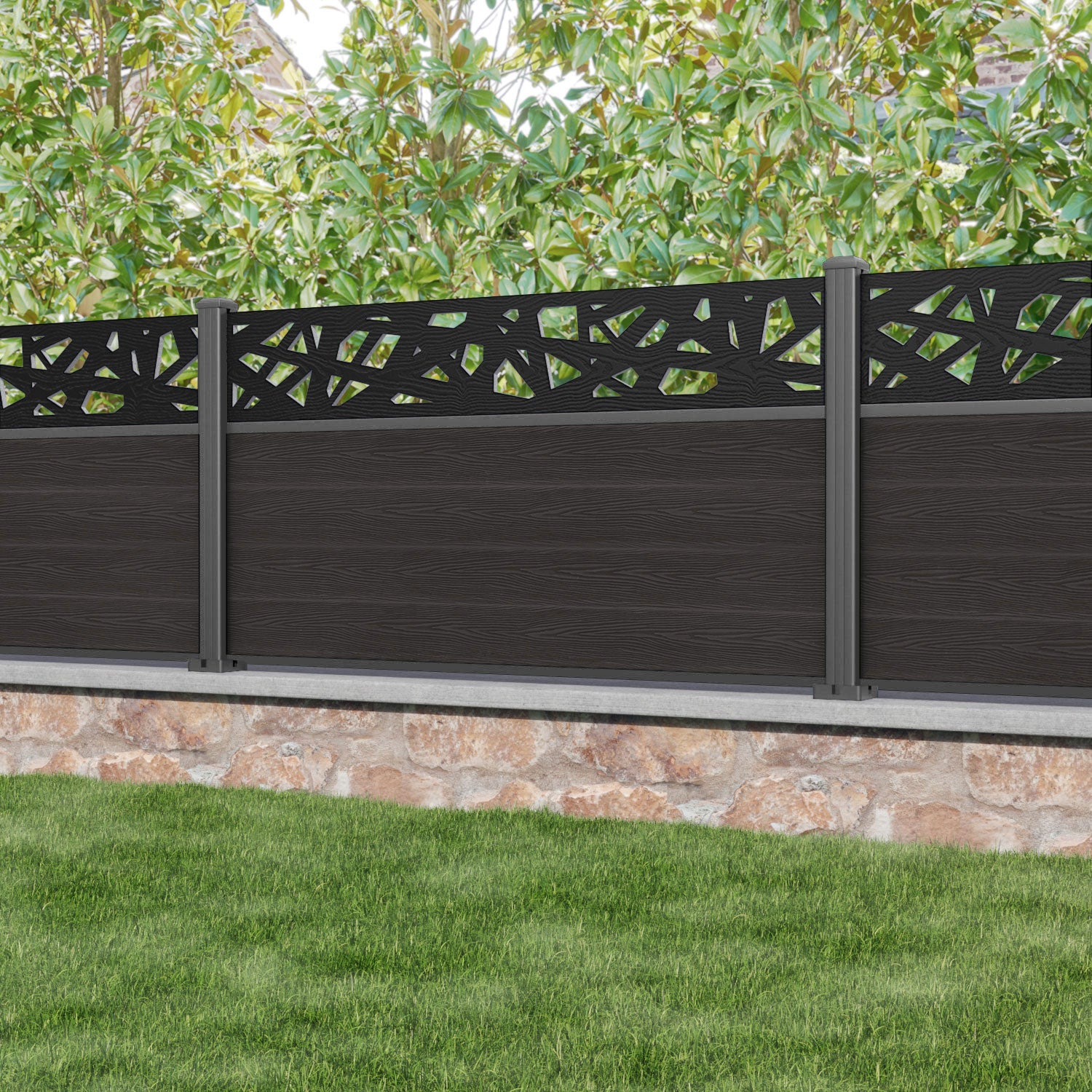 Classic Prism Fence Panel - Dark Oak - with our aluminium posts