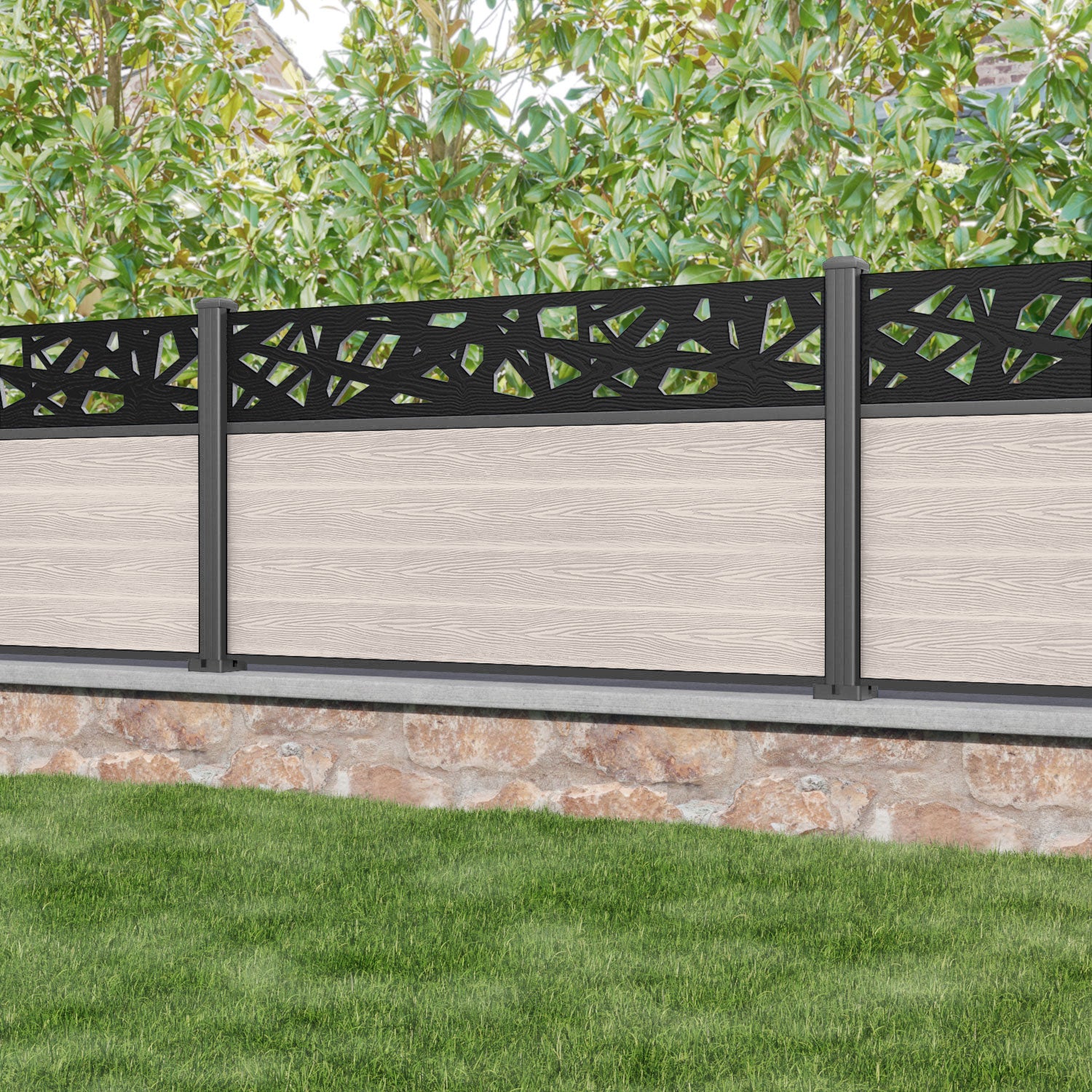 Classic Prism Fence Panel - Mid Stone - with our aluminium posts